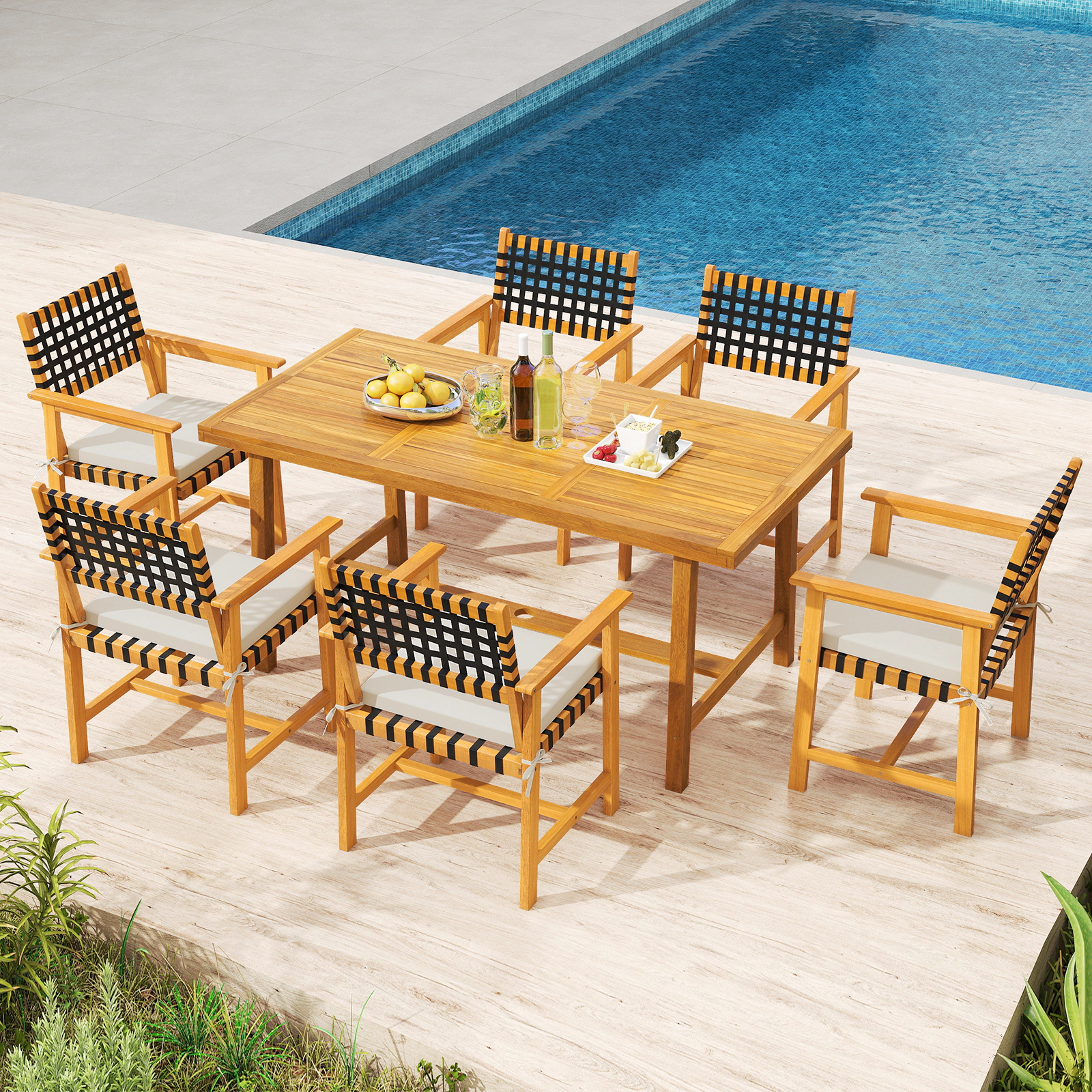 LJG Outdoor Wooden Dining Chair Set of 2 with Armrests and Curved Back