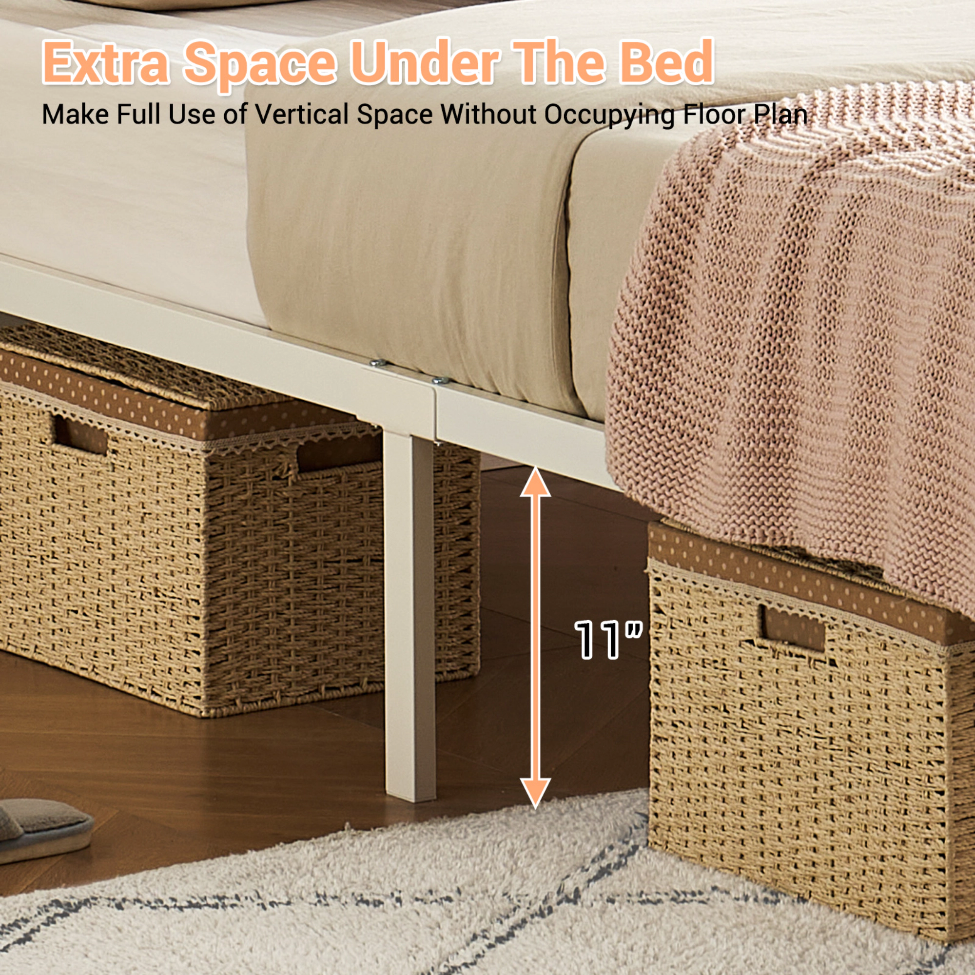 BebreezChic Modern Boho Rattan Metal Platform Bed Frame with Smart RGB LED Headboard Footboard