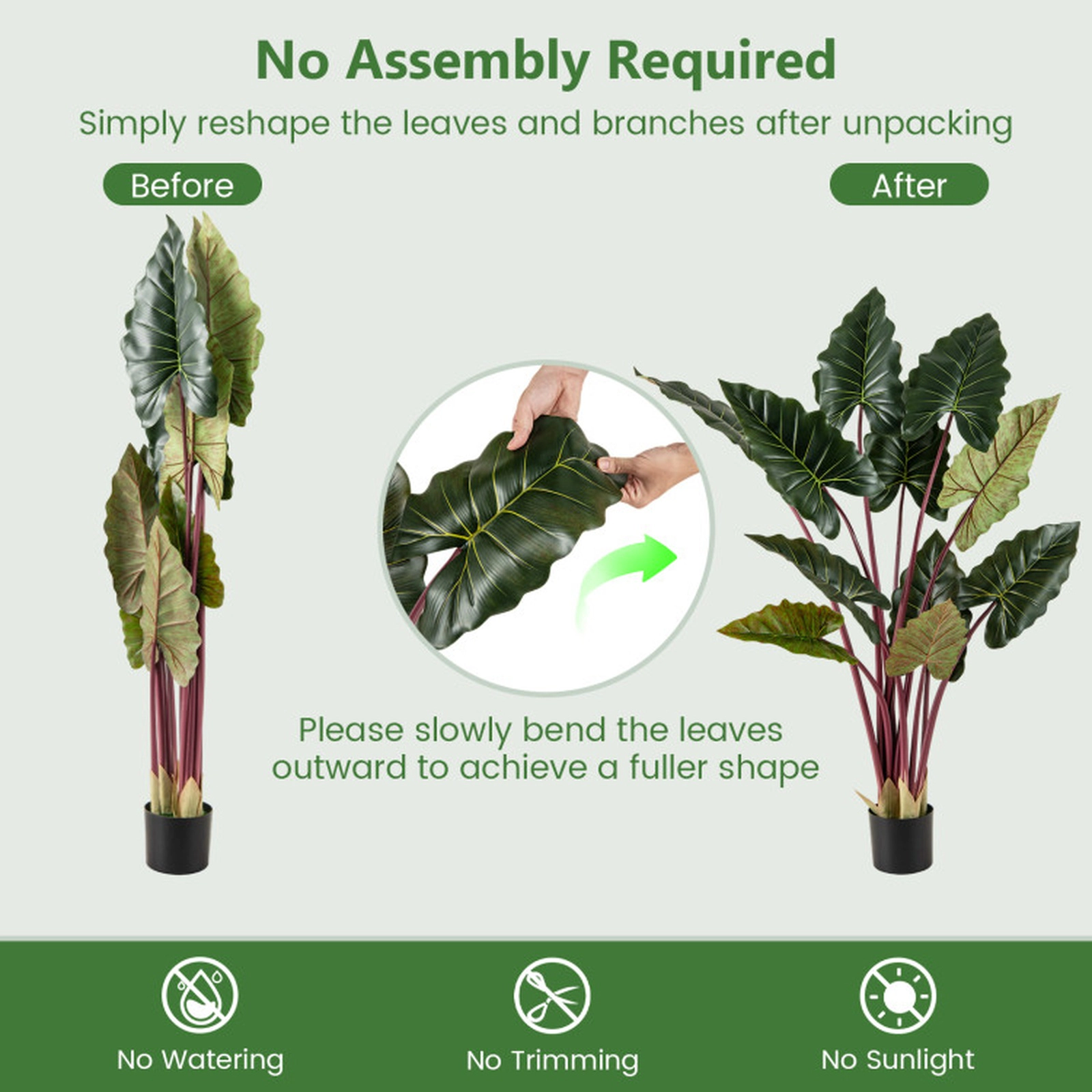 SUGIFT Set of 2 63-in 11 Ruffled Leaves Bendable Metal Stems Artificial Taro Trees 6.5-in x 5.5-in Pot 11-lb Green