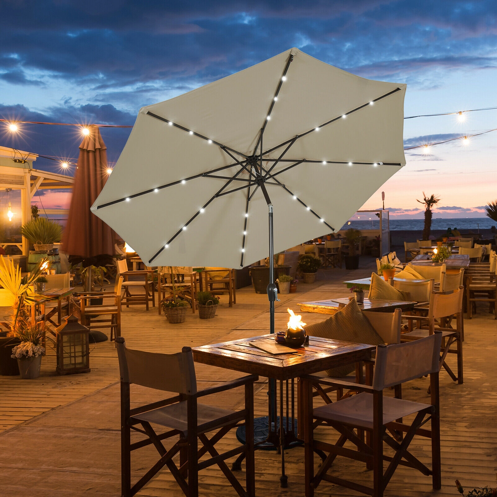 SUGIFT Solar LED Lighted 10-ft Market Patio Umbrella with Crank Lift Tilt and 24 Lights Tan Polyester Canopy