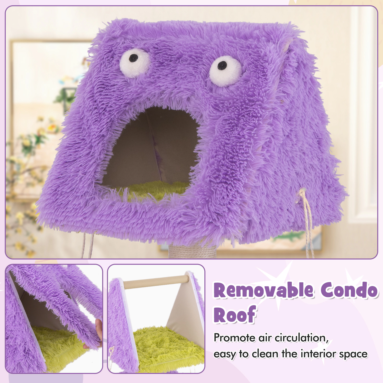 SUGIFT Monster Cat Tower Purple 44 in with 2 Private Condos and Plush Covering