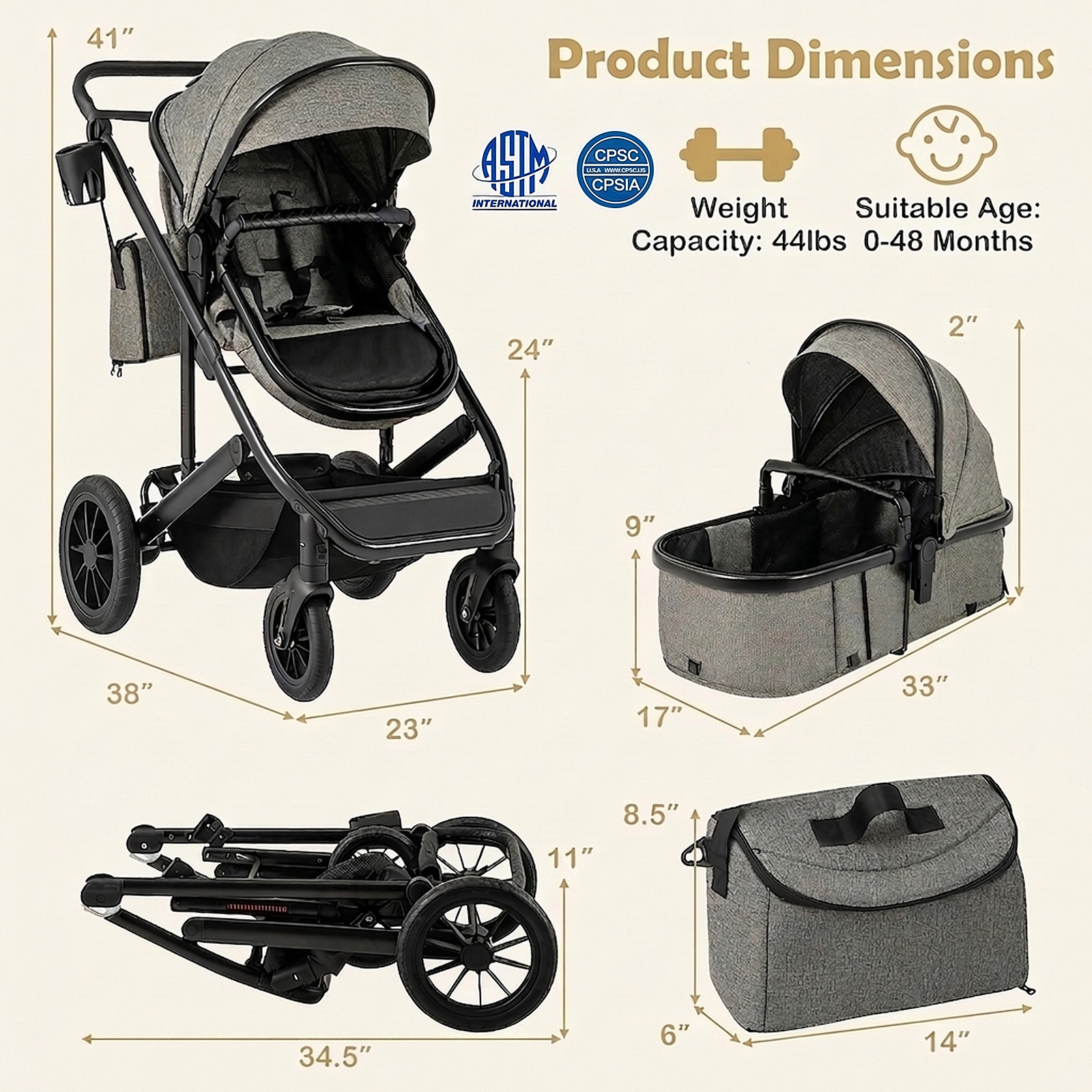 SUGIFT Baby Gray 3-in-1 Folding Stroller with Detachable Bassinet and Diaper Bag 38-in W 48-lb Seat Capacity