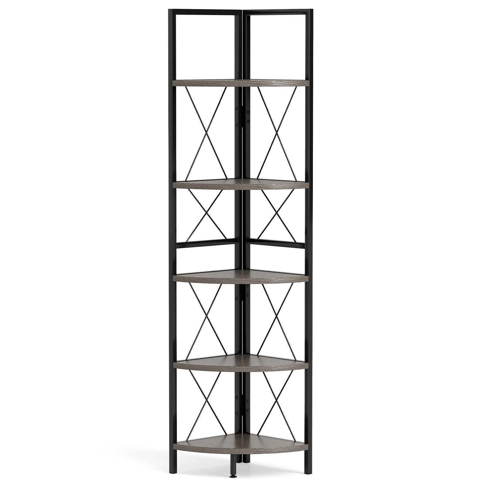 SUGIFT 5-Tier Freestanding Corner Bookcase 63-in Tall Corner Shelf Storage Rack 135-lb Capacity Rustic Brown & Black Oak