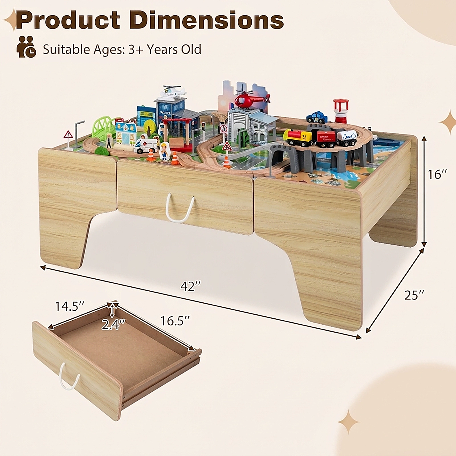 SUGIFT 110-Piece 66-lb Capacity 3-in-1 Wooden Train Table with Storage Drawer and Rope Pull Handle