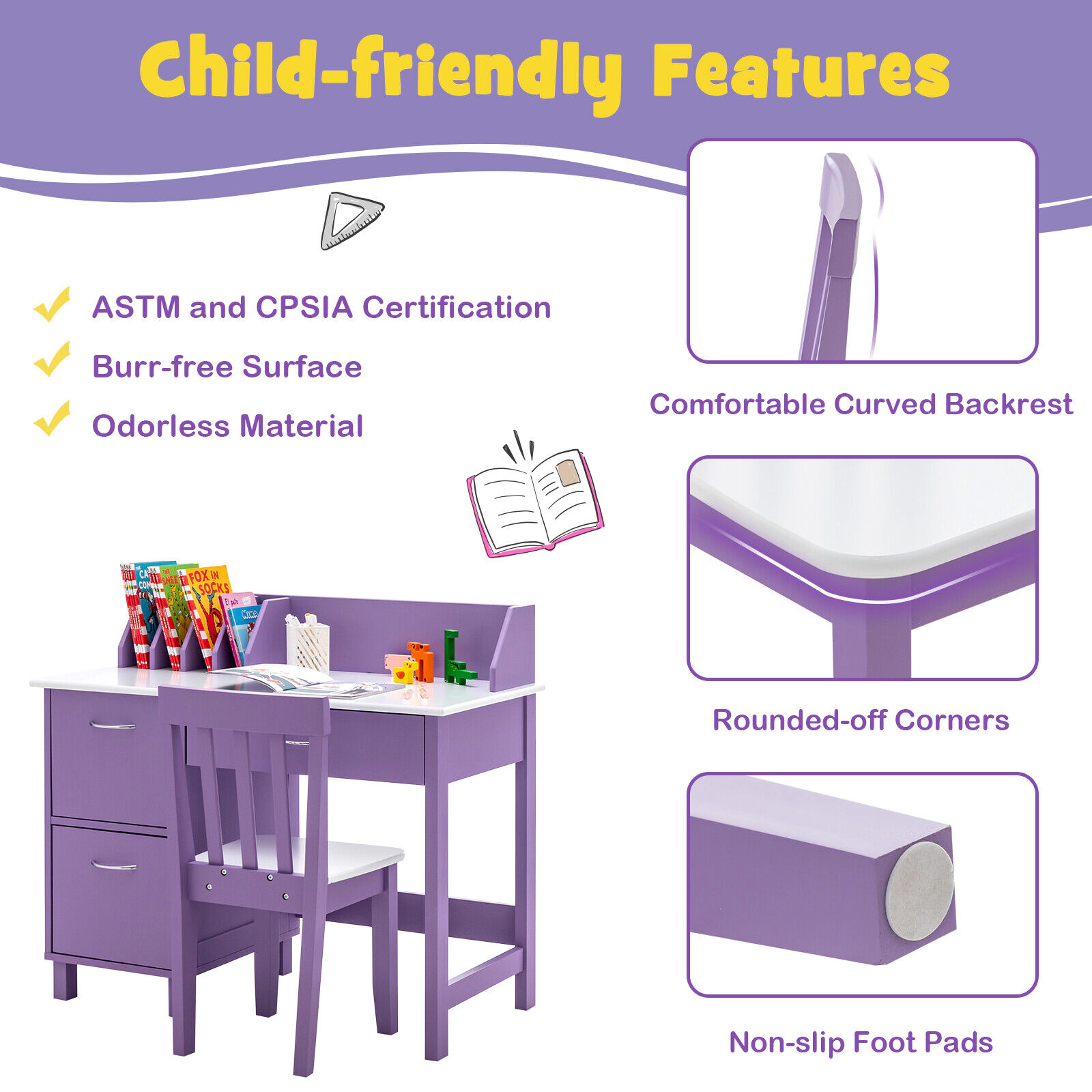 SUGIFT Kids Wooden Writing Desk & Chair Set Drawer & Storage Cabinet 110-lb Table 165-lb Chair Capacity Ages 3+ Purple