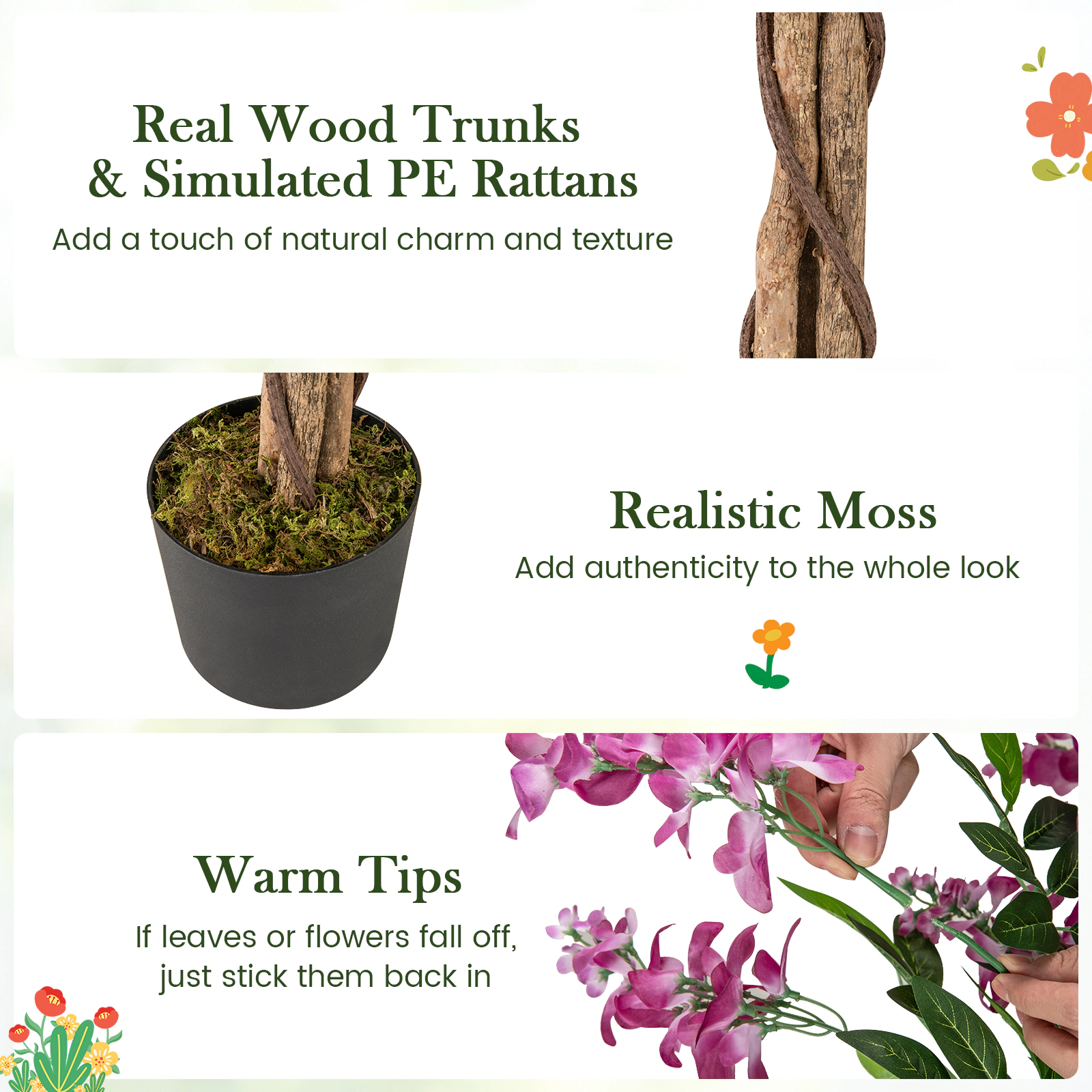 SUGIFT 65-in Artificial Wisteria Tree with Cascading Rose Red Blooms Real Wood Trunk and Cement Pot