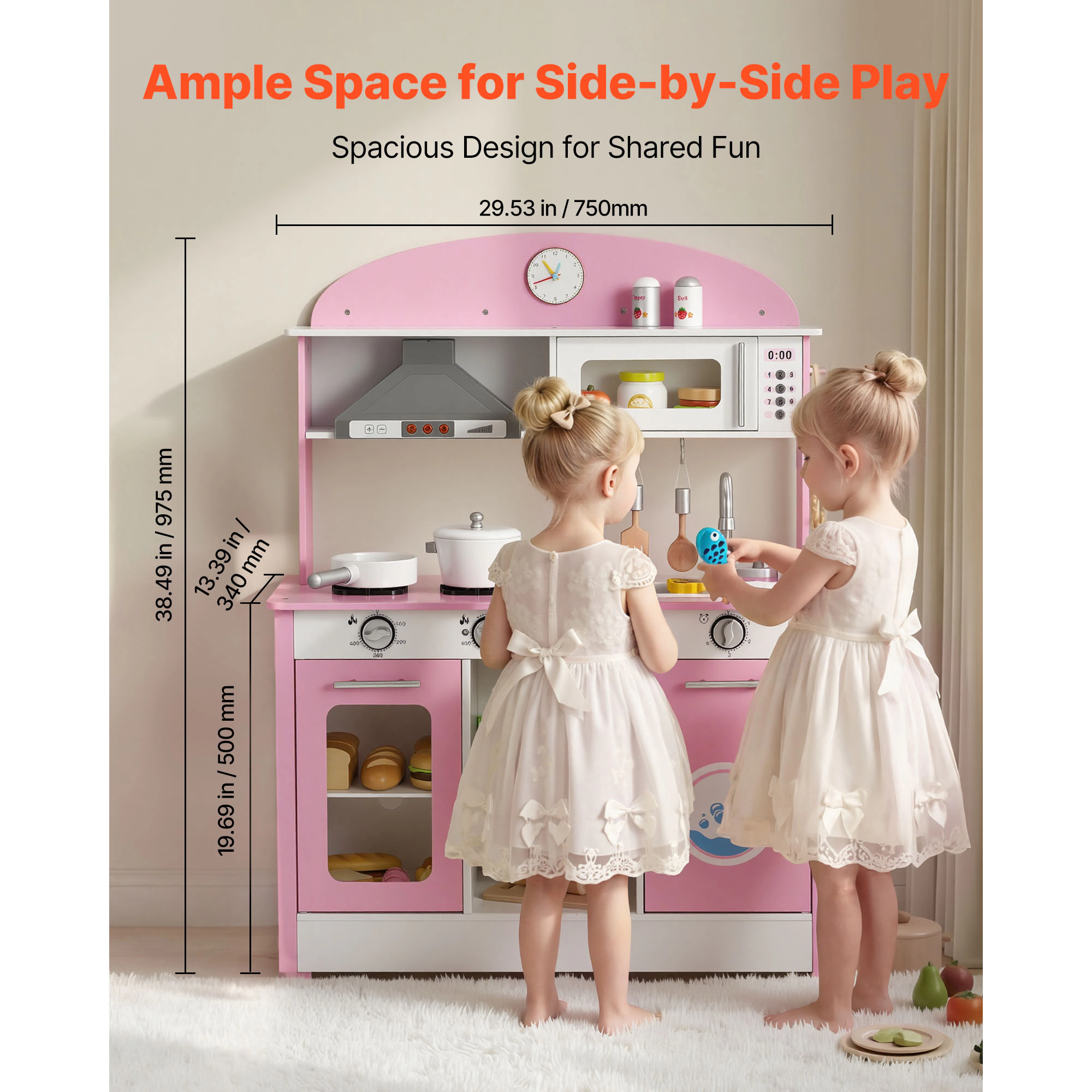 HONGGE Play Kitchen for Kids, Wooden, Kids Playset with Real Lights & Sounds, Food Cookware