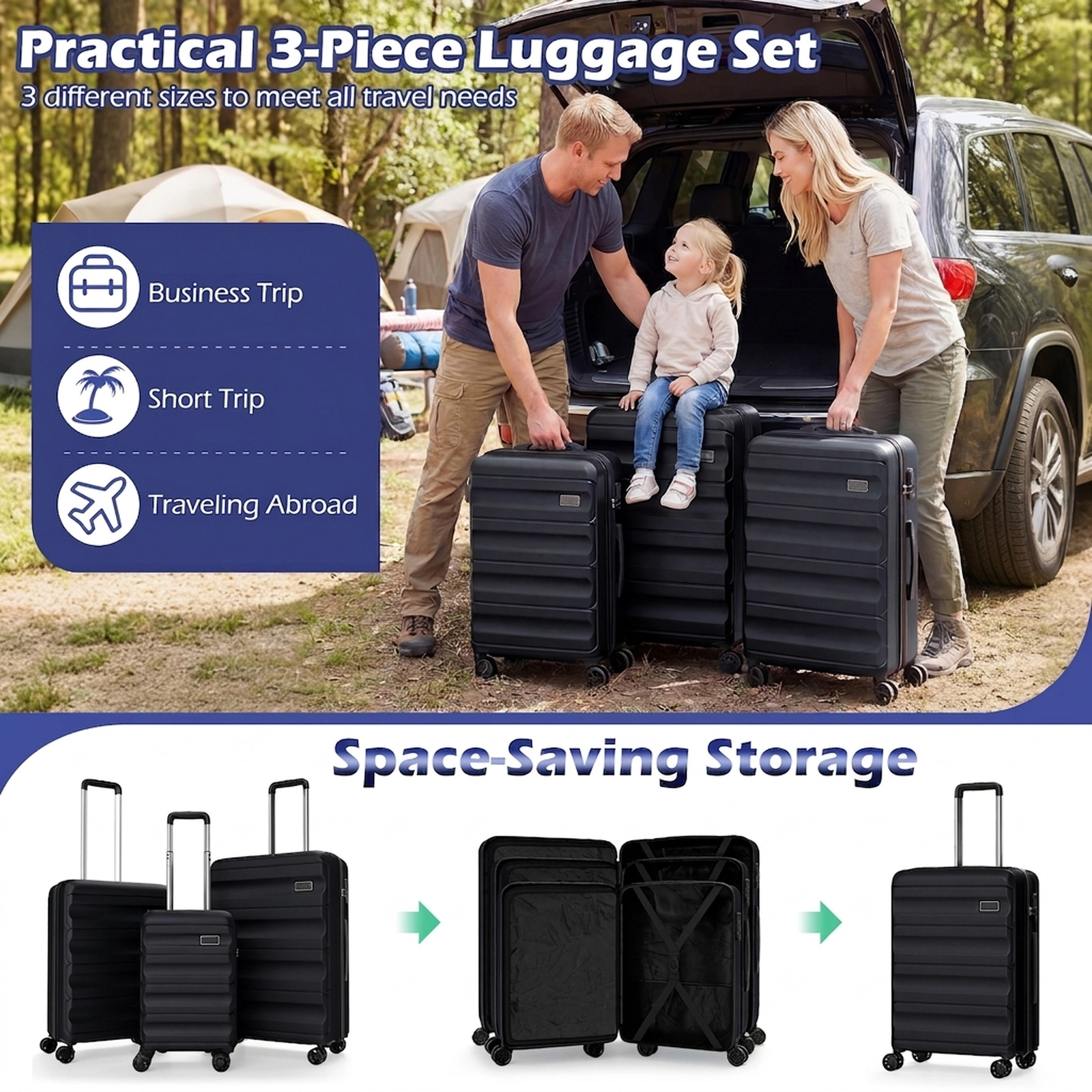 SUGIFT Black 3-Piece Hardside Luggage Set 20-in Carry-On 24-in and 28-in Checked Lightweight ABS Suitcases