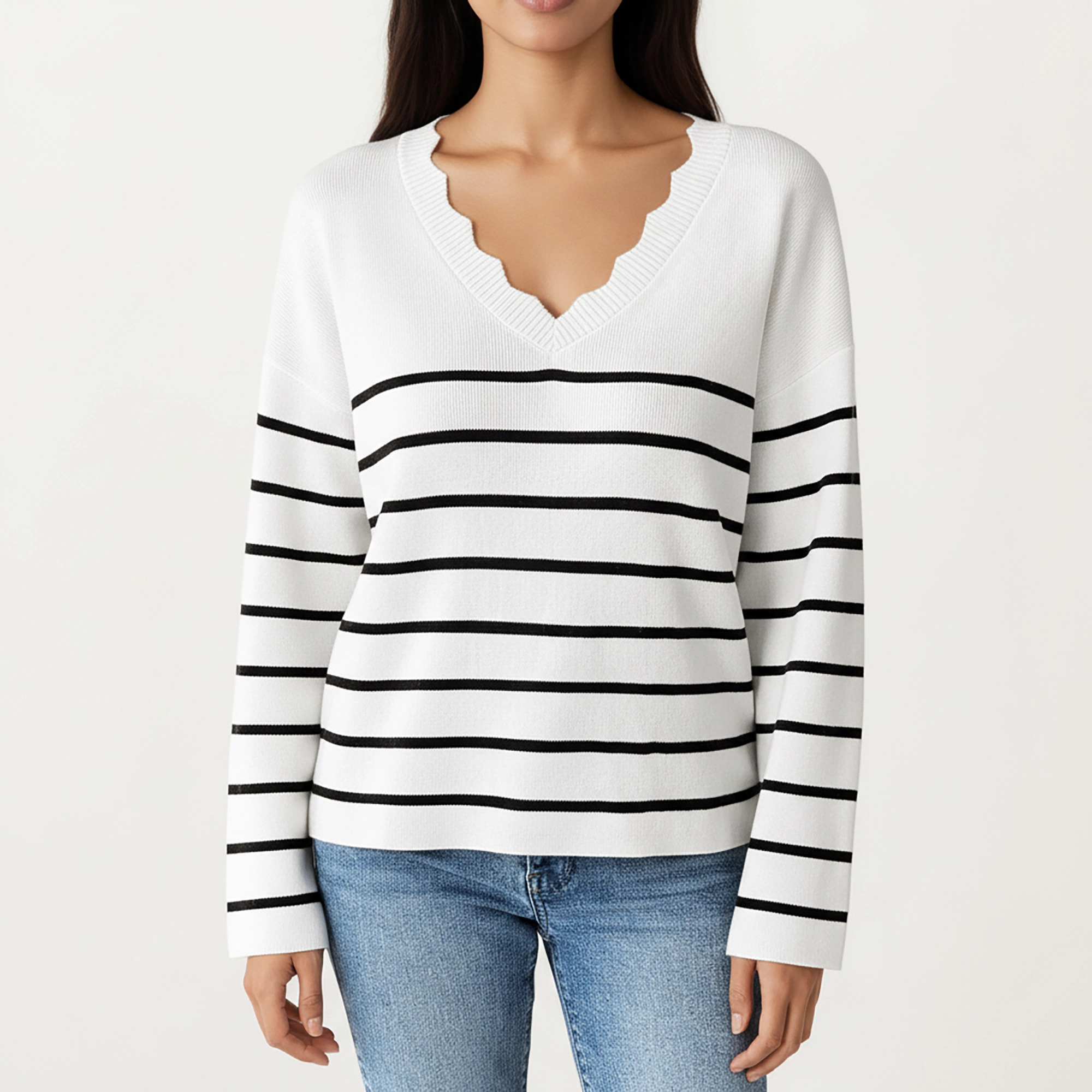 Anna-Kaci Women's Striped Knit Top with Scalloped V-Neckline and Soft Textured Fabric for Effortless Everyday Style