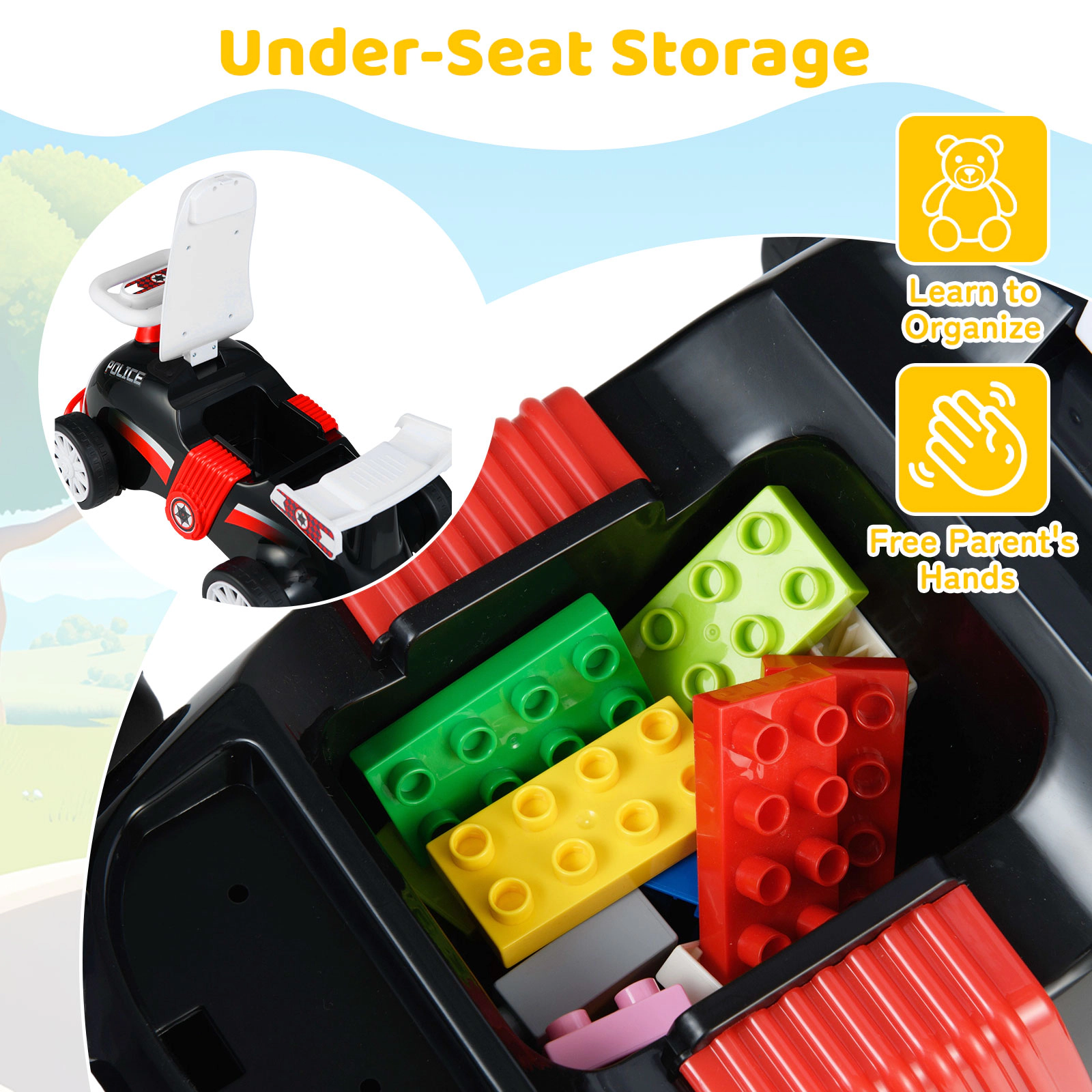 SUGIFT Black Toddler Ride-On Sliding Car with 12 Songs Under Seat Storage and Universal Wheels 33-lb Rider