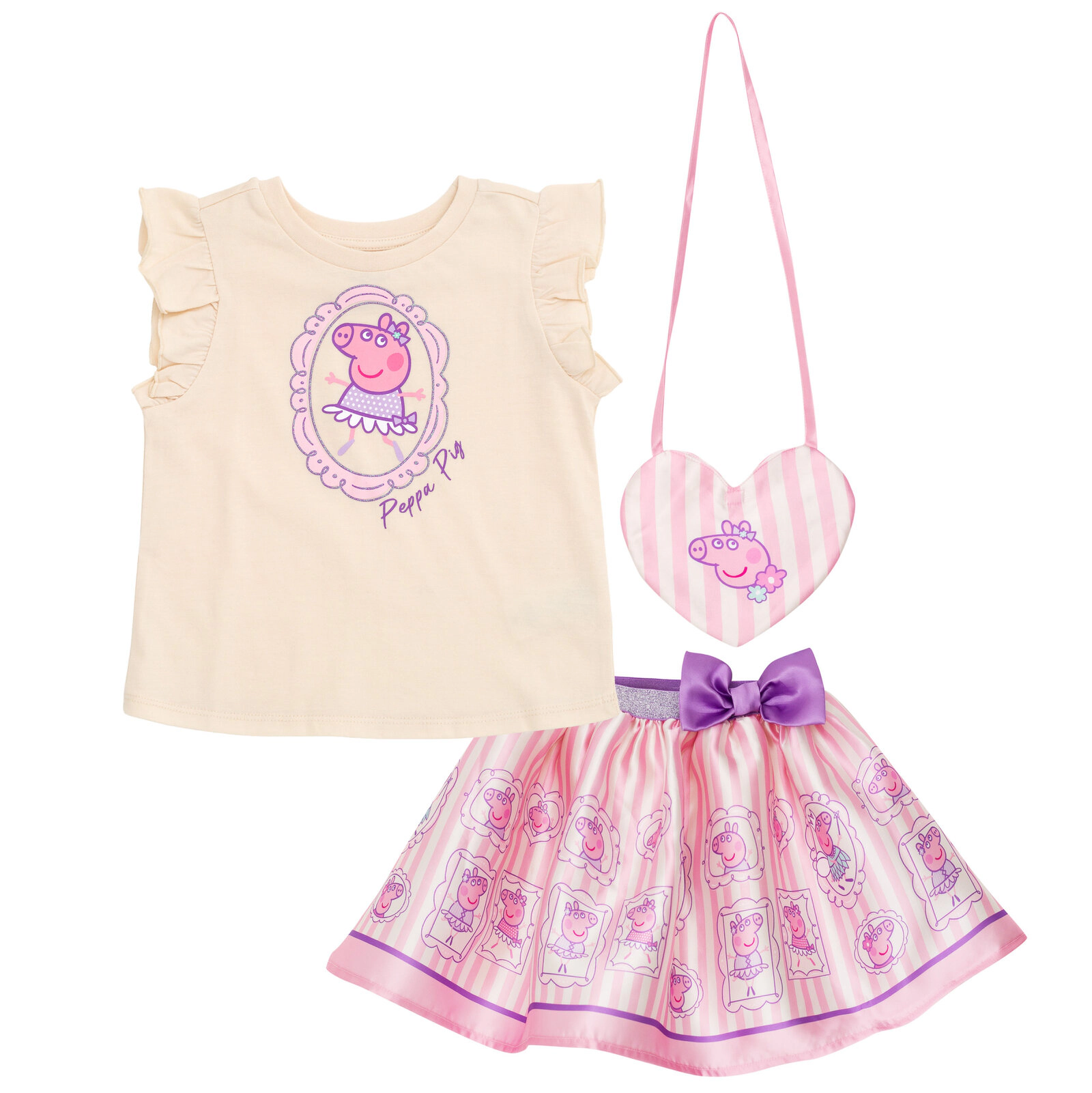 Peppa Pig Girls' T-Shirt and Satin Skirt Set with Bag
