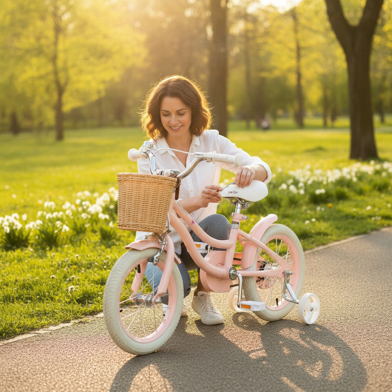 14-in Kids Bicycle Training Wheels Front Basket Adjustable Handlebar 85% Pre-Assembled Carbon Steel Bike Ages 3-5 Pink