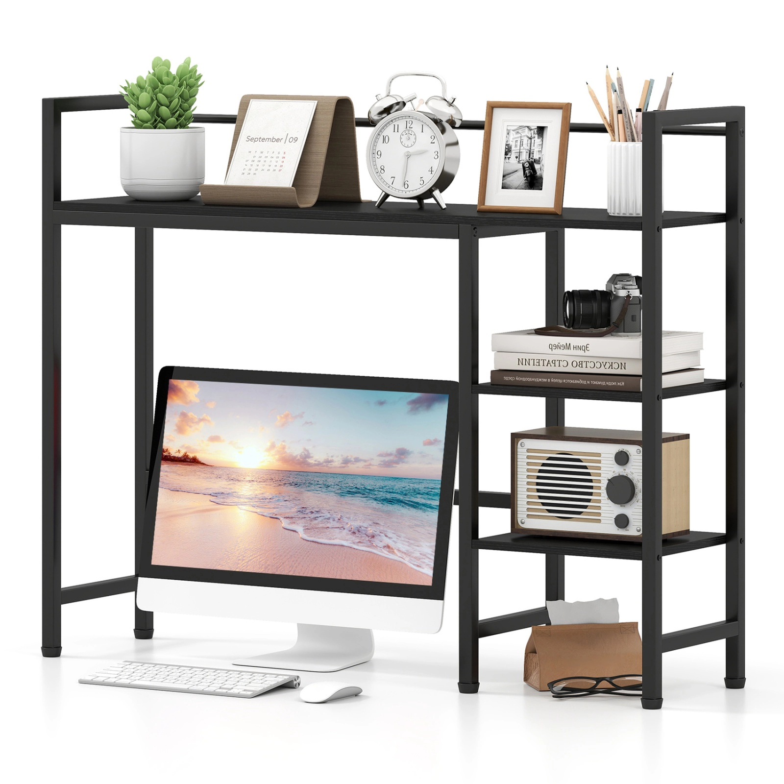 SUGIFT Black 38.5 in Desktop Bookshelf with Metal Frame and Monitor Space