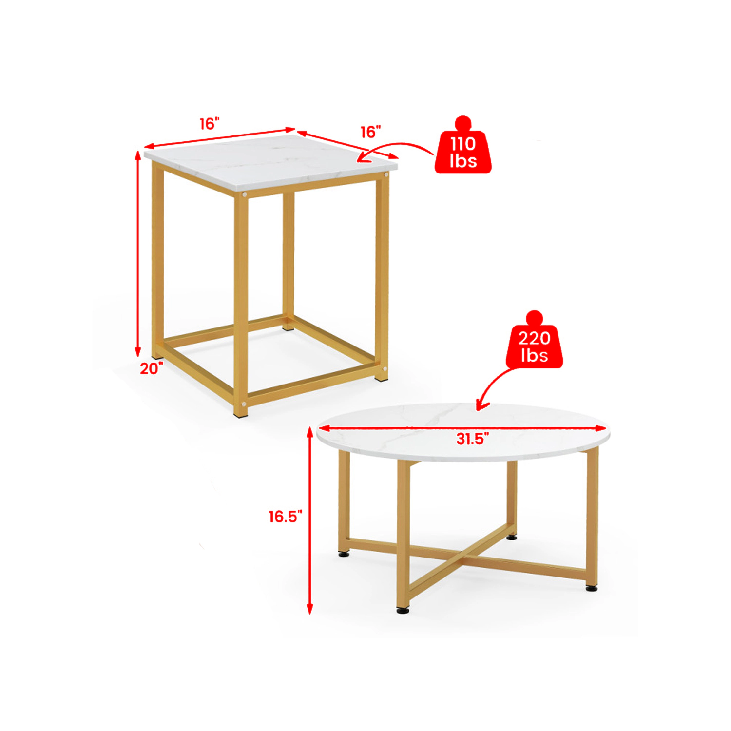 Hivvago Round Coffee Table with Two Matching Square Side Tables Set