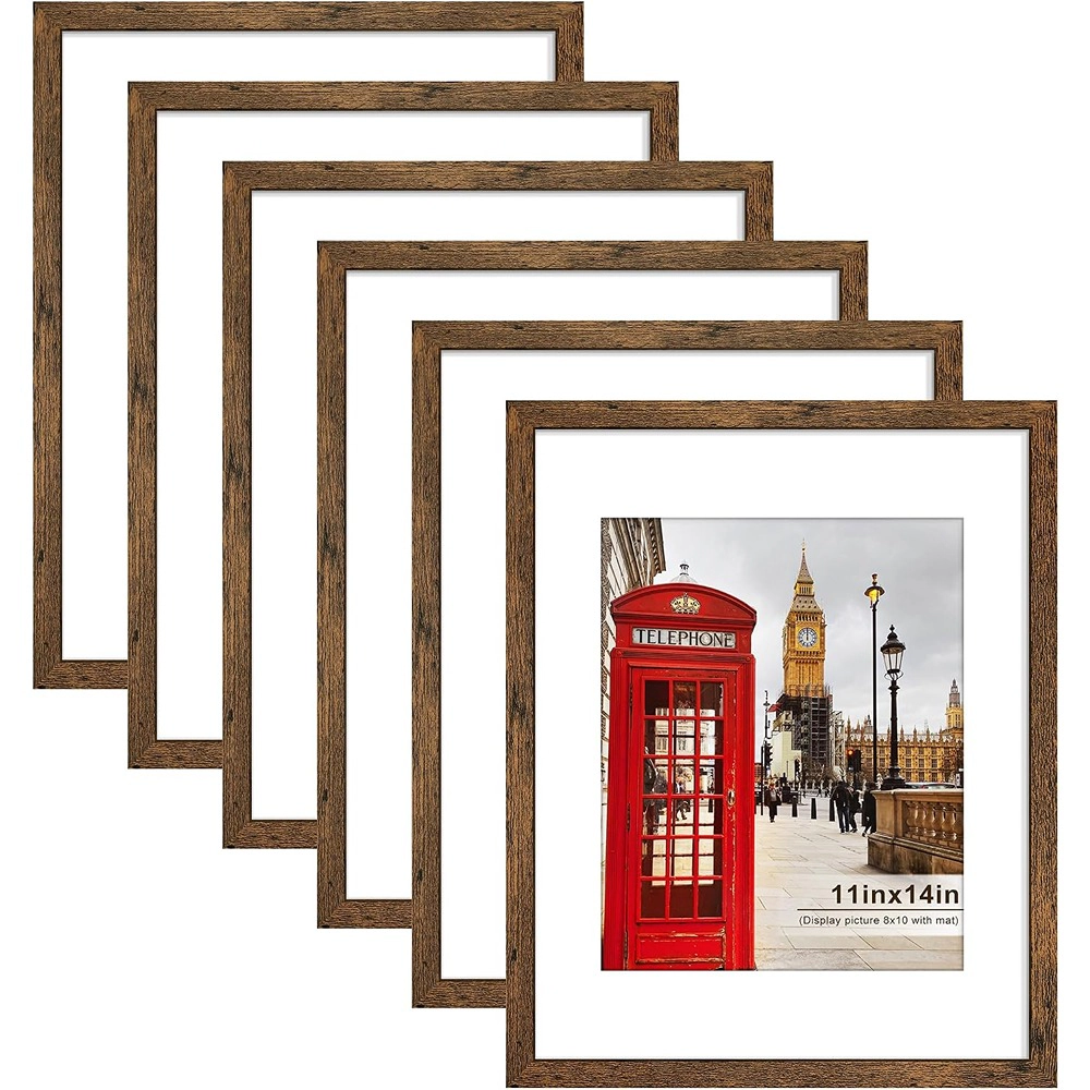 ACPJR 11x14 Picture Frames, Set of 6, Rustic Brown Woodgrain, Wall or Tabletop Display