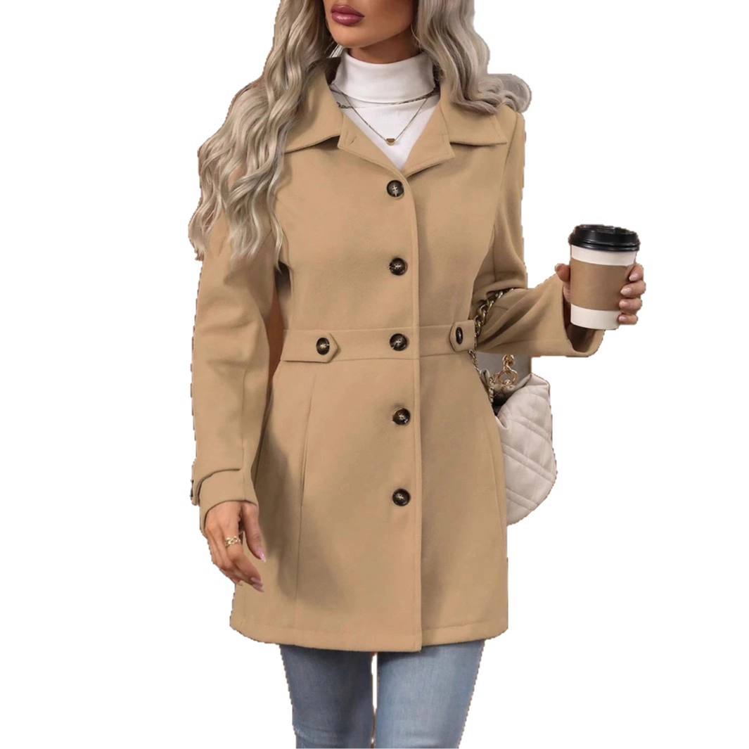 KOJOOIN Women Lapel Wool Blend Coat Mid‑Length Outercoat Long Sleeve Jacket for Fall Winter Dressy Wear