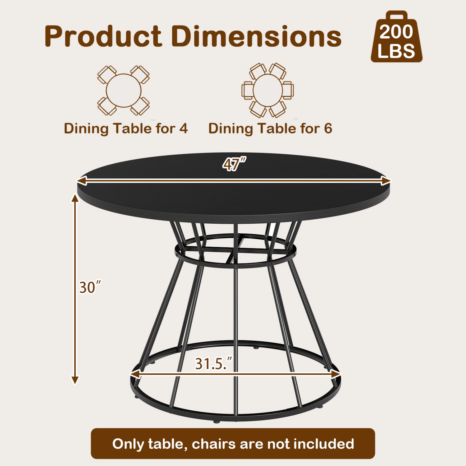 LJG 47 Inches Round Dining Table for 4 Farmhouse Kitchen with Wooden Tabletop