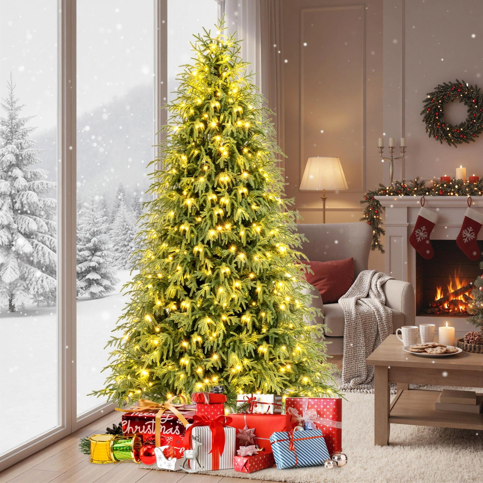 SUGIFT 7.5 ft Pre-Lit Artificial Christmas Tree Hinged with 1449 Soft Branch Tips and 500 LEDs