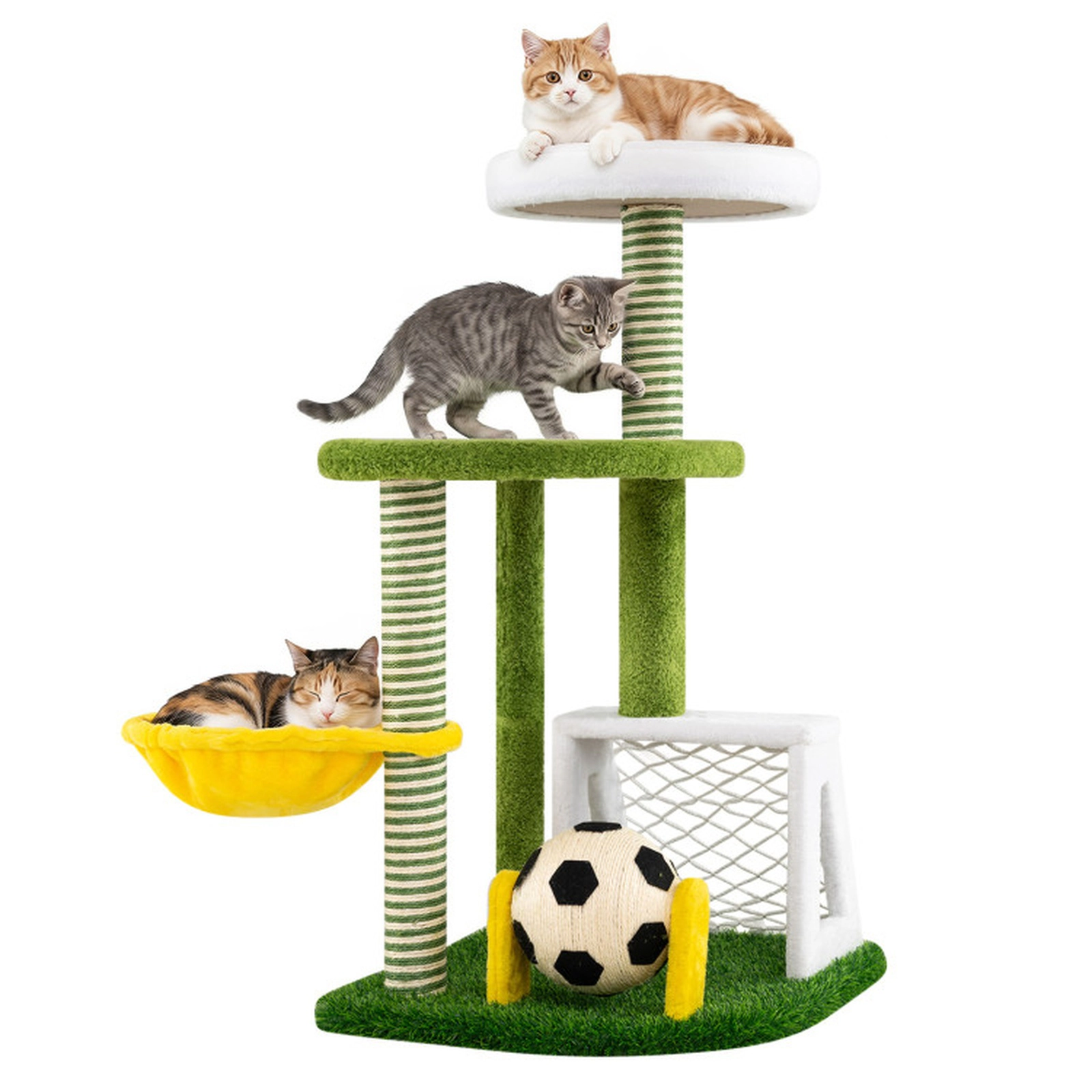 SUGIFT Modern Indoor Multi-Level Cat Tree Tower with Perches & Hammock 22-lb Platforms 11-lb Hammock Green Yellow White
