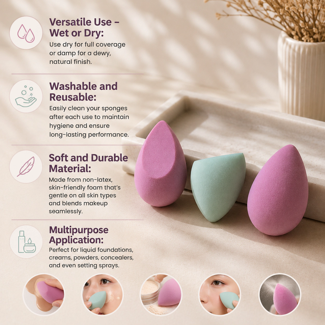 Pursonic Women's 3-Pack Beauty Makeup Sponges – Multi-Shape Blenders for Flawless Application