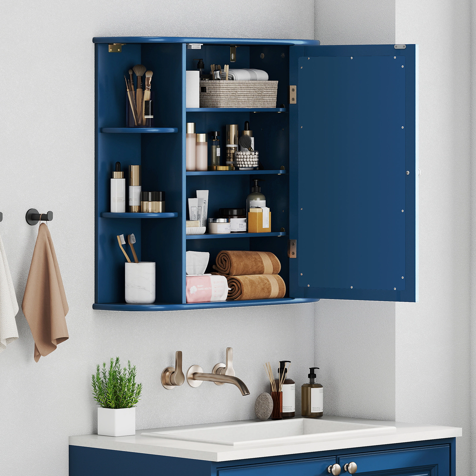 SUGIFT Wall-Mounted Bathroom Mirror Cabinet with Storage Shelves 44-lb Top Capacity Blue