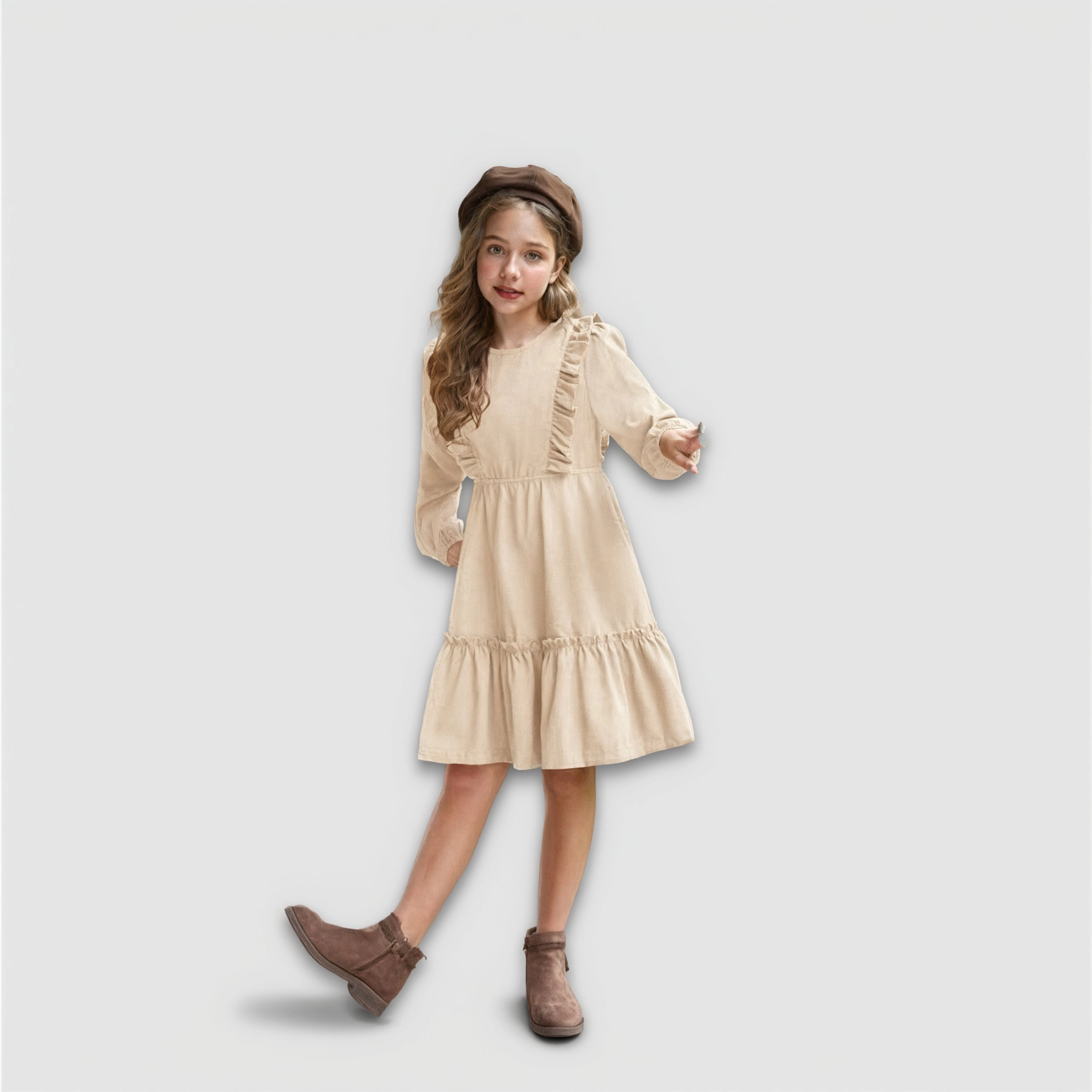 Arshiner Girl's Dress Vintage A-Line Long Sleeve Ruffle Swing Casual Velvet with Pockets