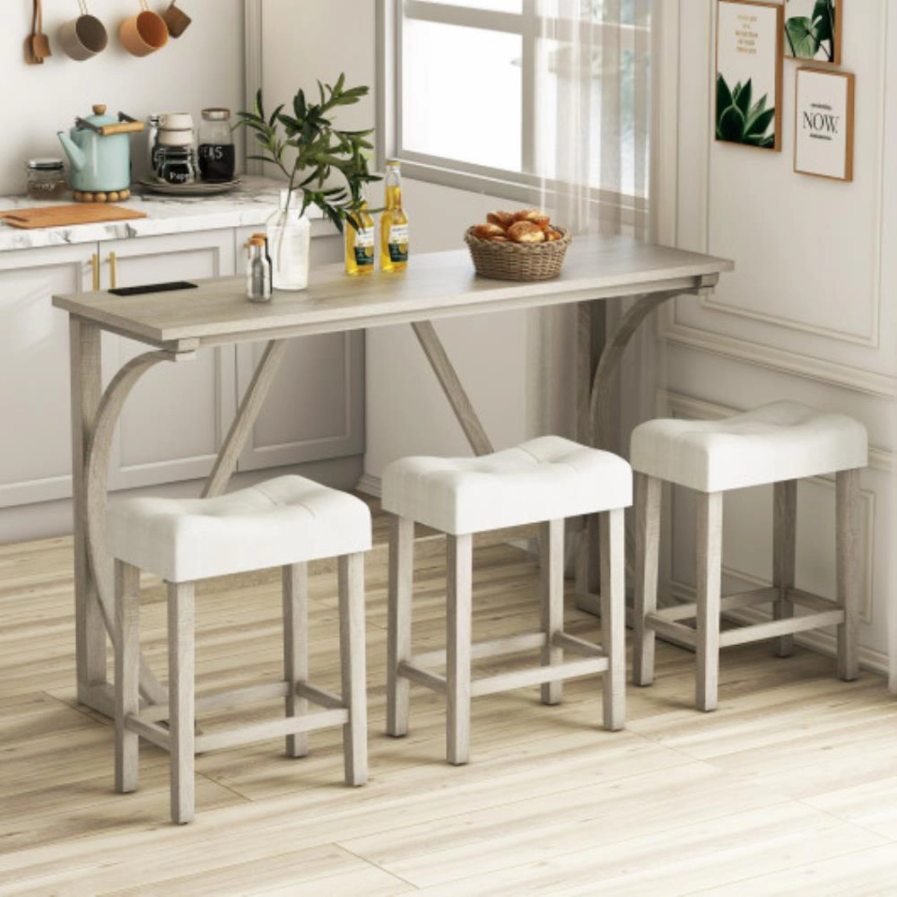 Hivvago 4-Piece Bar Table Set With Power Outlet And Upholstered Saddle Seat Stools-Grey And Beige