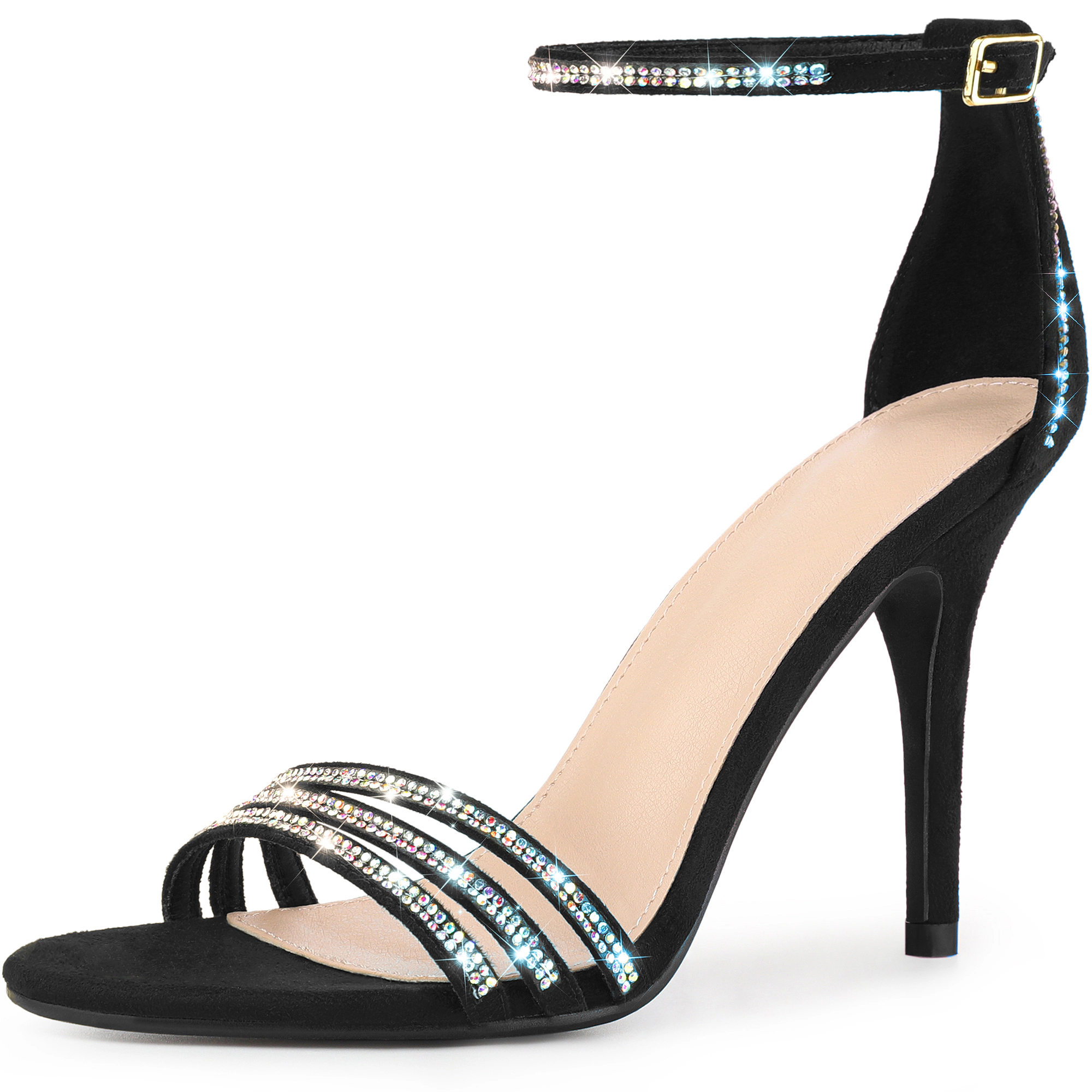 BLISSFUL STEP Women's Rhinestone Ankle Strap Open Toe Stiletto Heeled Sandals