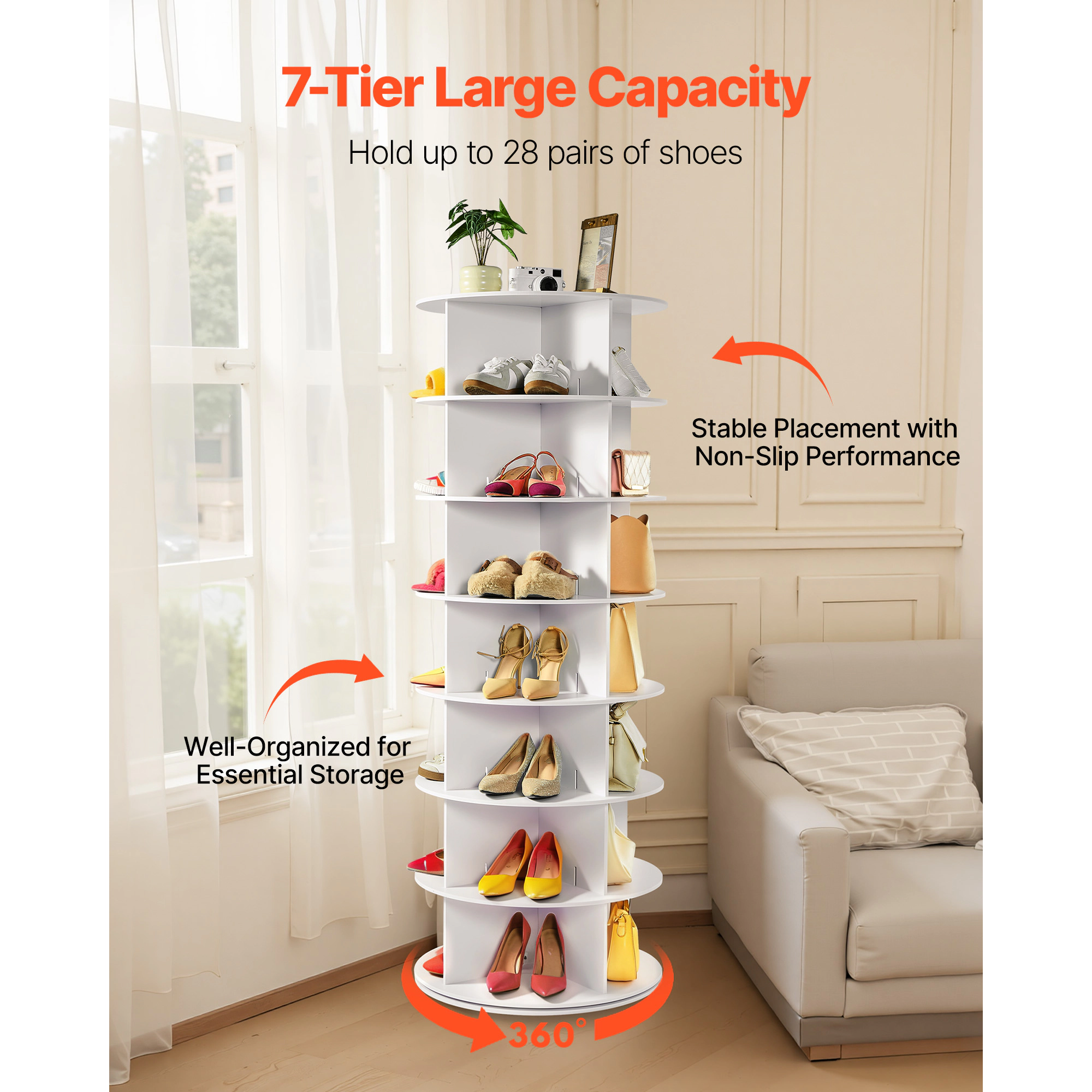 HONGGE Rotating Shoe Rack Tower 360° Spinning Shoe Rack Revolving Storage Round Carousel Display Freestanding Lazy