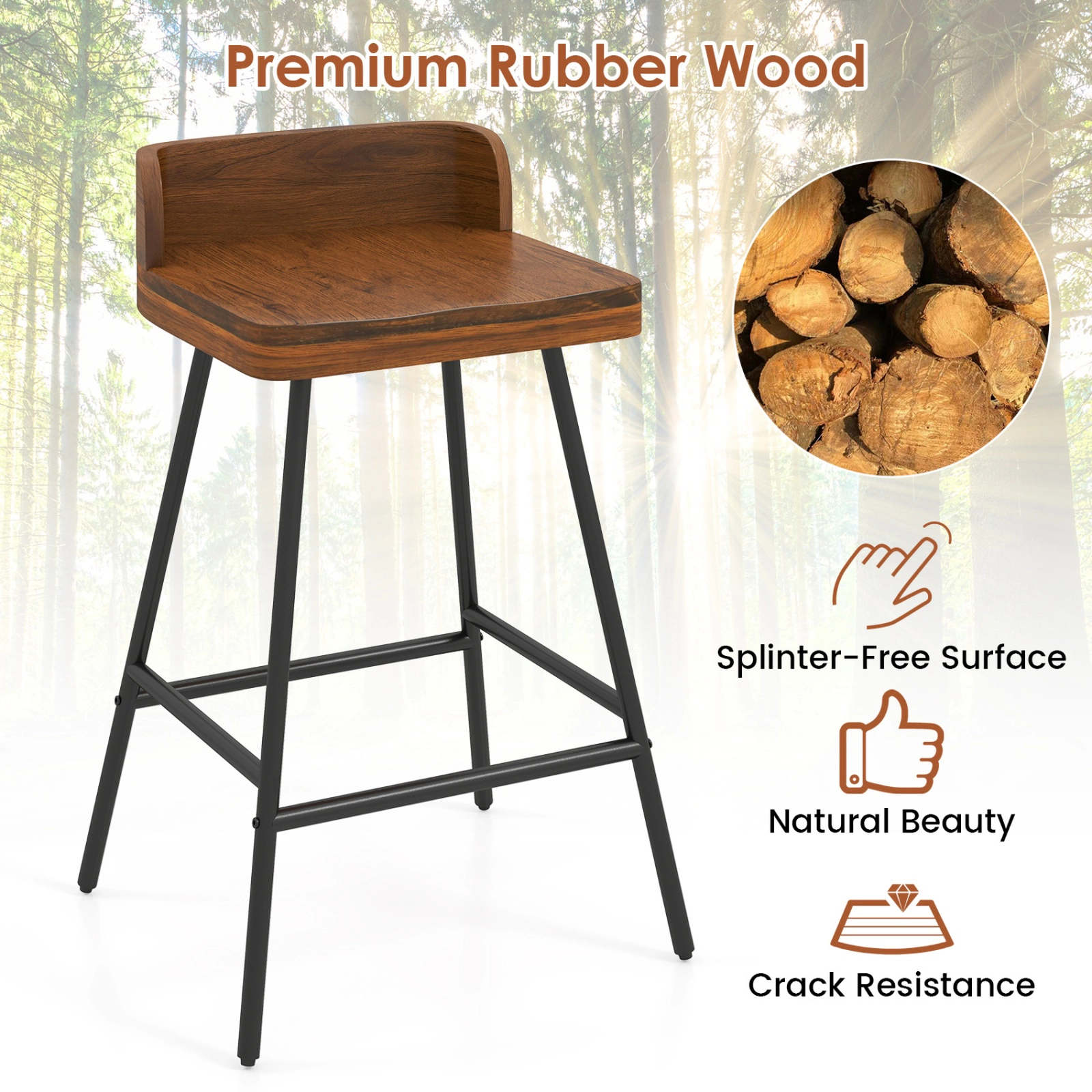 SUGIFT Low Back Metal Legs and Footrest Set of 2 Walnut Counter Height Bar Stools