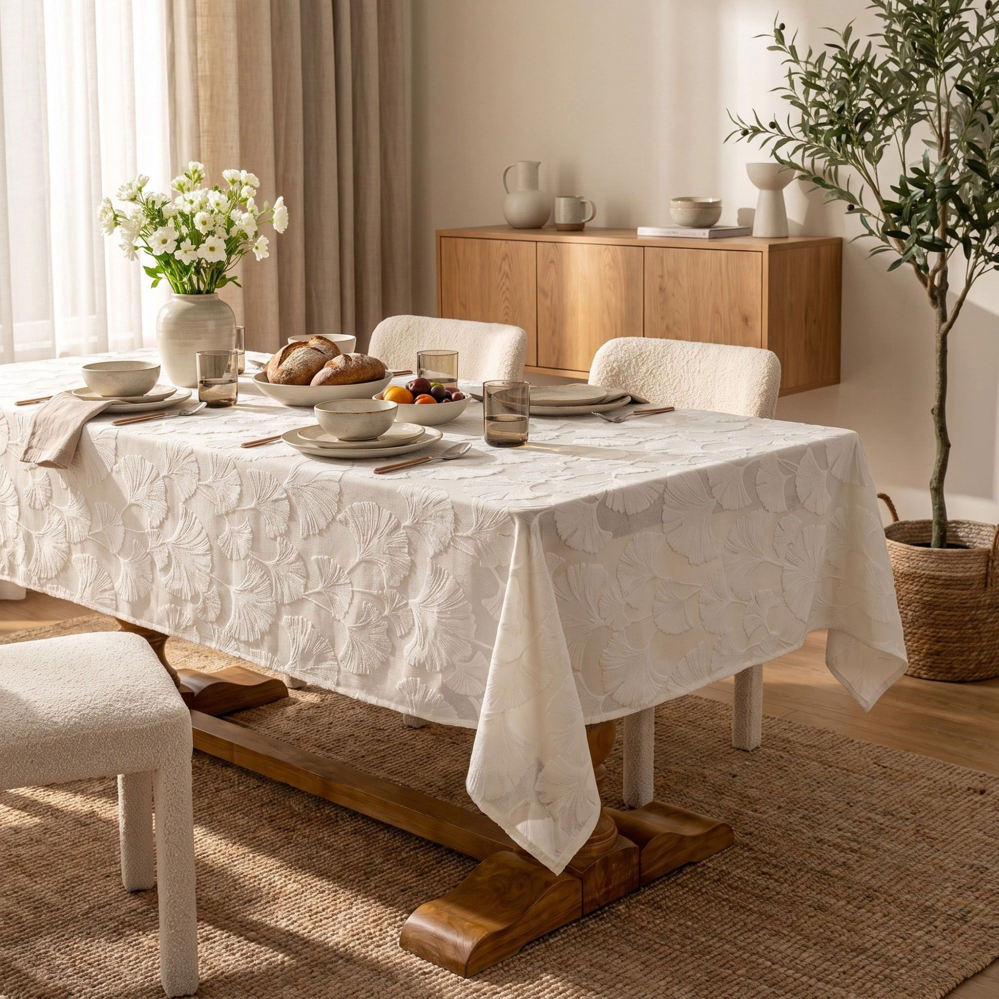 Alilang Unisex White Textured Ginkgo Leaf Square Tablecloth 33.5x33.5in
