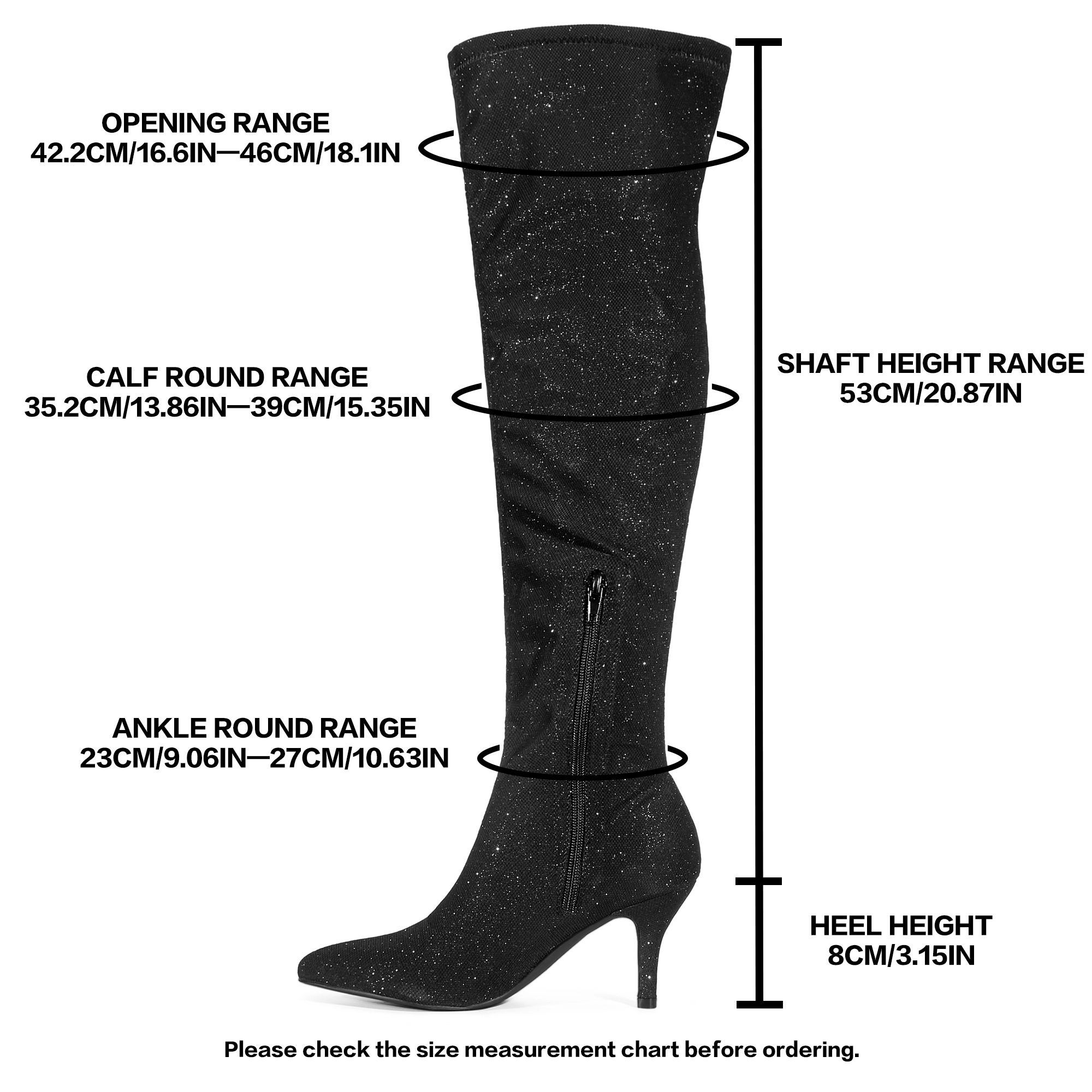 BLISSFUL STEP Women Glitter Pointed Toe Stiletto Heels Over the Knee Boots