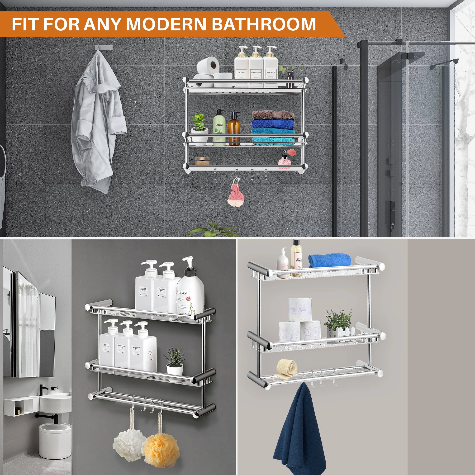 Cheer Collection Wall Mounted Shower Caddy & Towel Hooks - No Drilling Necessary