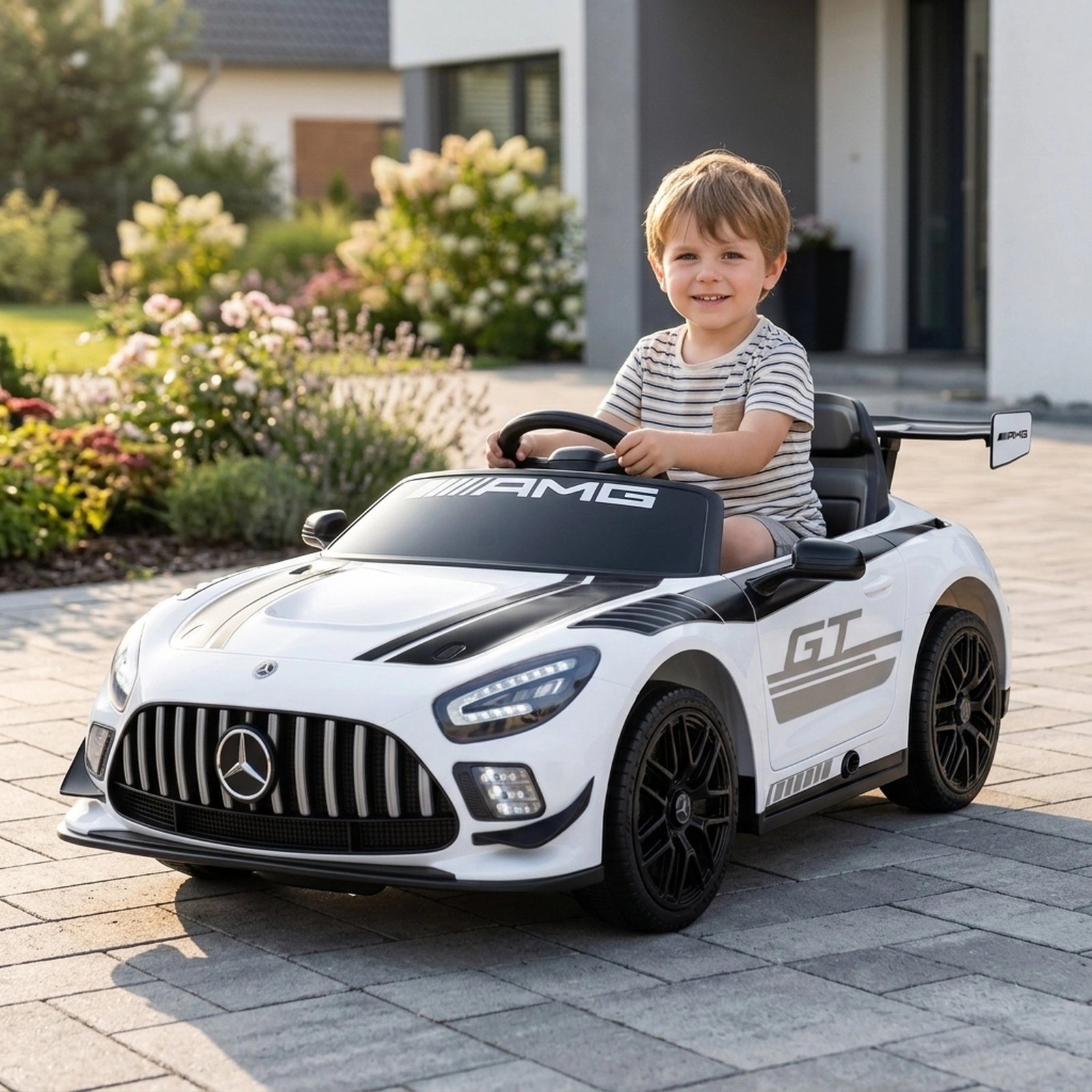 12V Kids Ride On Race Car Parent Remote Emergency Brake 3-Point Safety Belt Lockable Doors LED Lights Ages 3+ White