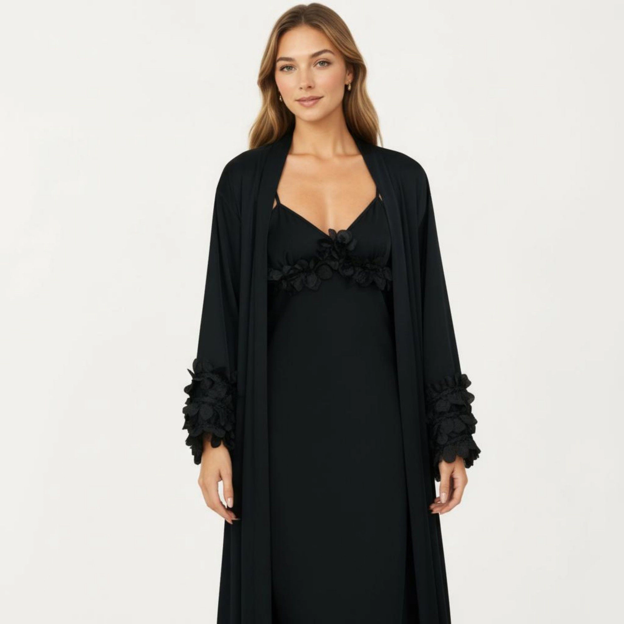 Anna-Kaci Women's 2-Piece Smooth Sleepwear Slip Dress with Long Sleeve Open Front Robe Floral Trim Nightgown Set