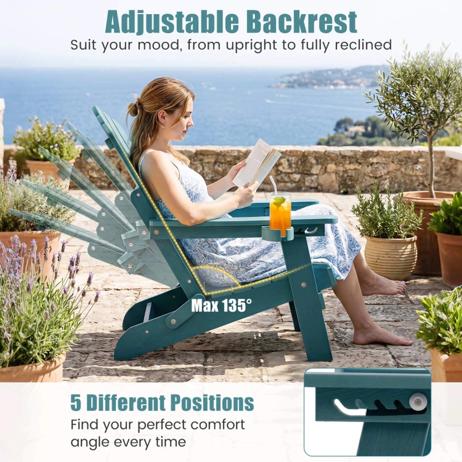 SUGIFT Set of 2 Outdoor Adirondack Chairs with 5-Level Backrest and Swivel Cup Holder 330-Lb Capacity Green HIPS Frame