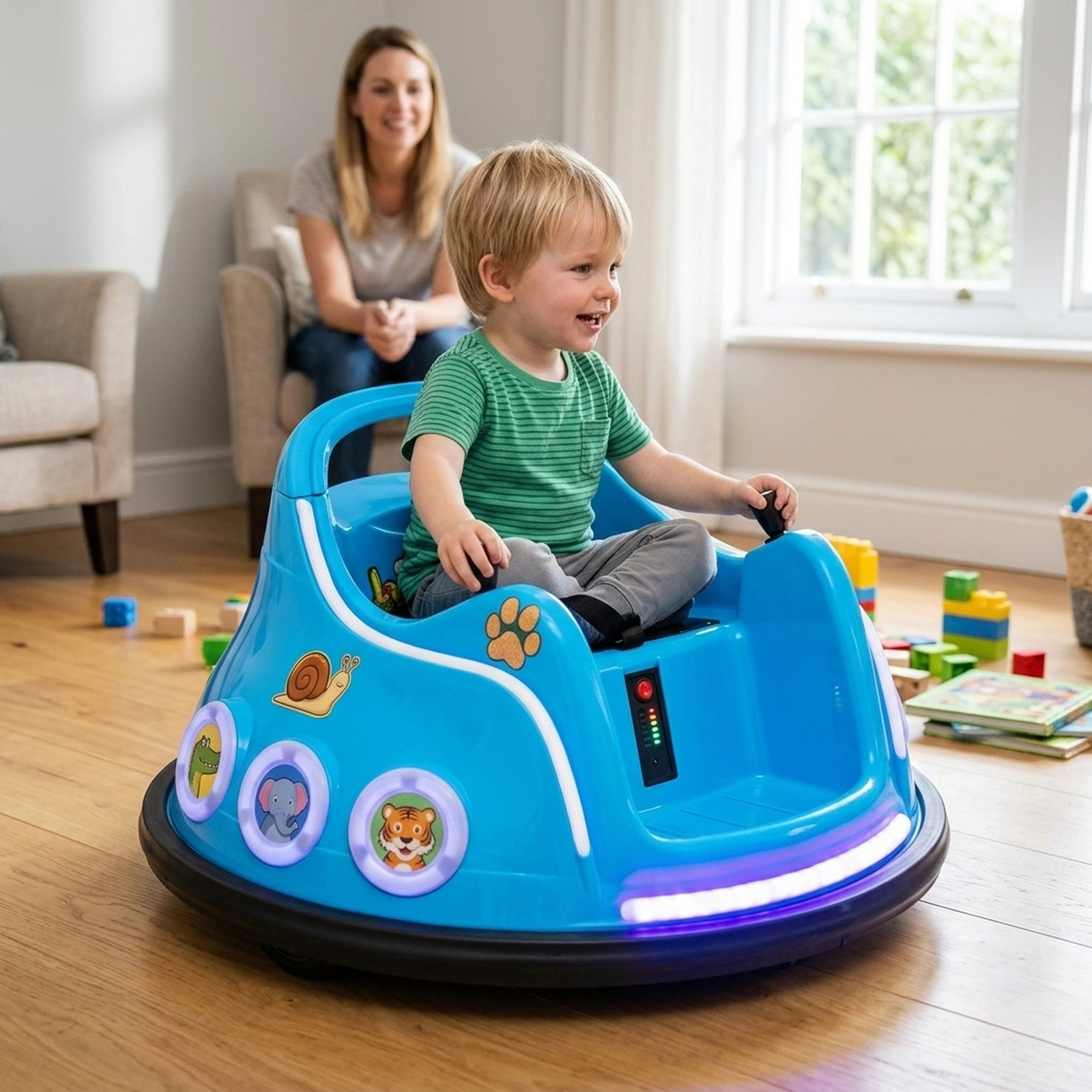 12V Kids Bumper Car Parent Remote 360-Degree Spin Dual Joysticks and LED Lights Electric Ride On Toy Ages 3-8 Navy