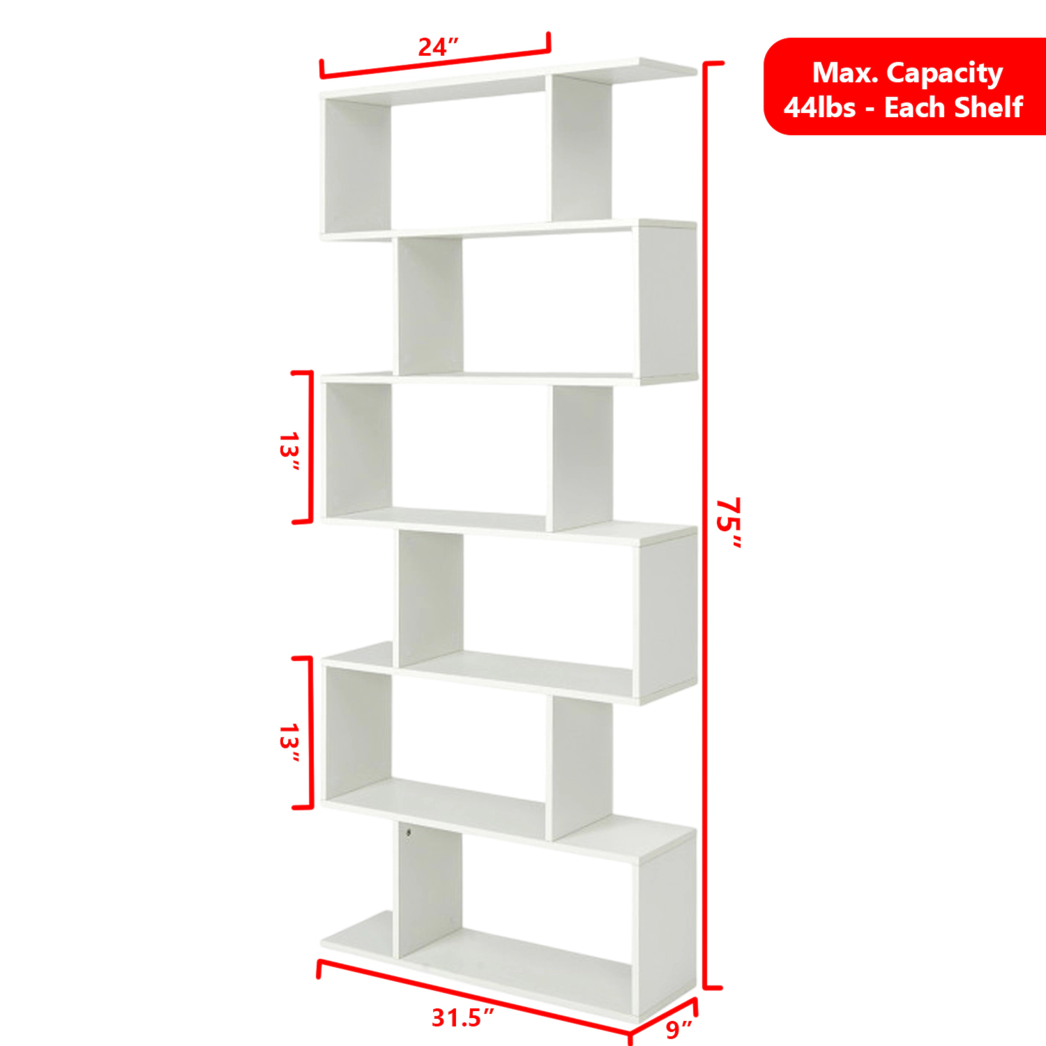Hivvago Modern S-Shape Bookcase with 6 Spacious Display Shelves