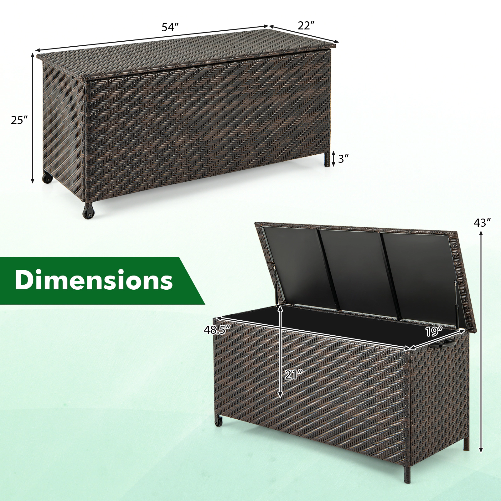 SUGIFT 85 Gallon PE Rattan Outdoor Storage Box with Removable Liner Universal Wheels 66-lb Top Capacity Brown/Black