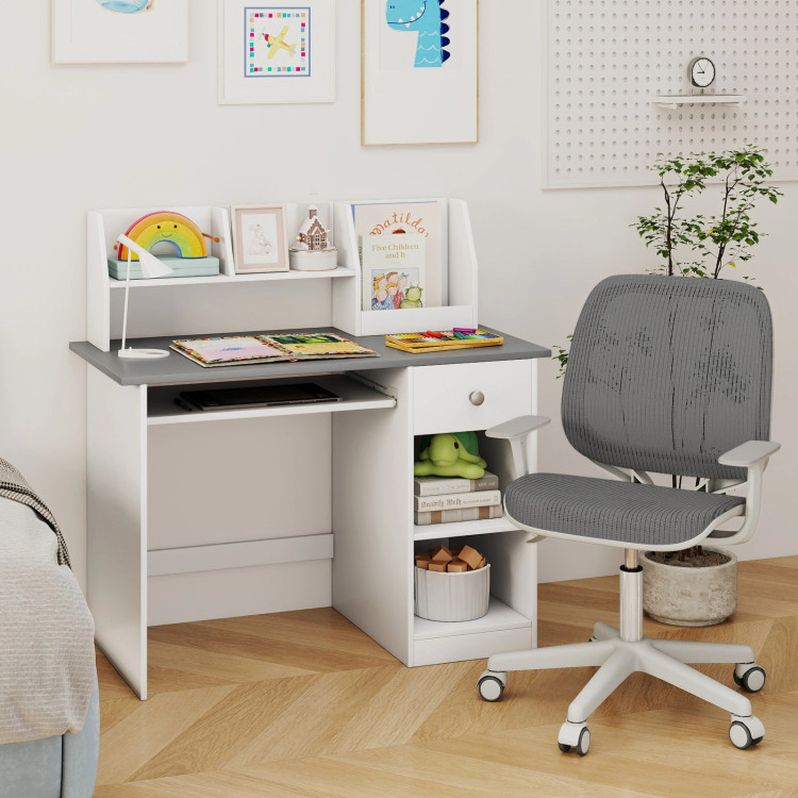 SUGIFT Kids Study Desk with Hutch Drawer Shelves & Keyboard Tray 200-lb Capacity Ages 3-6 Table & Chair Set White & Gray