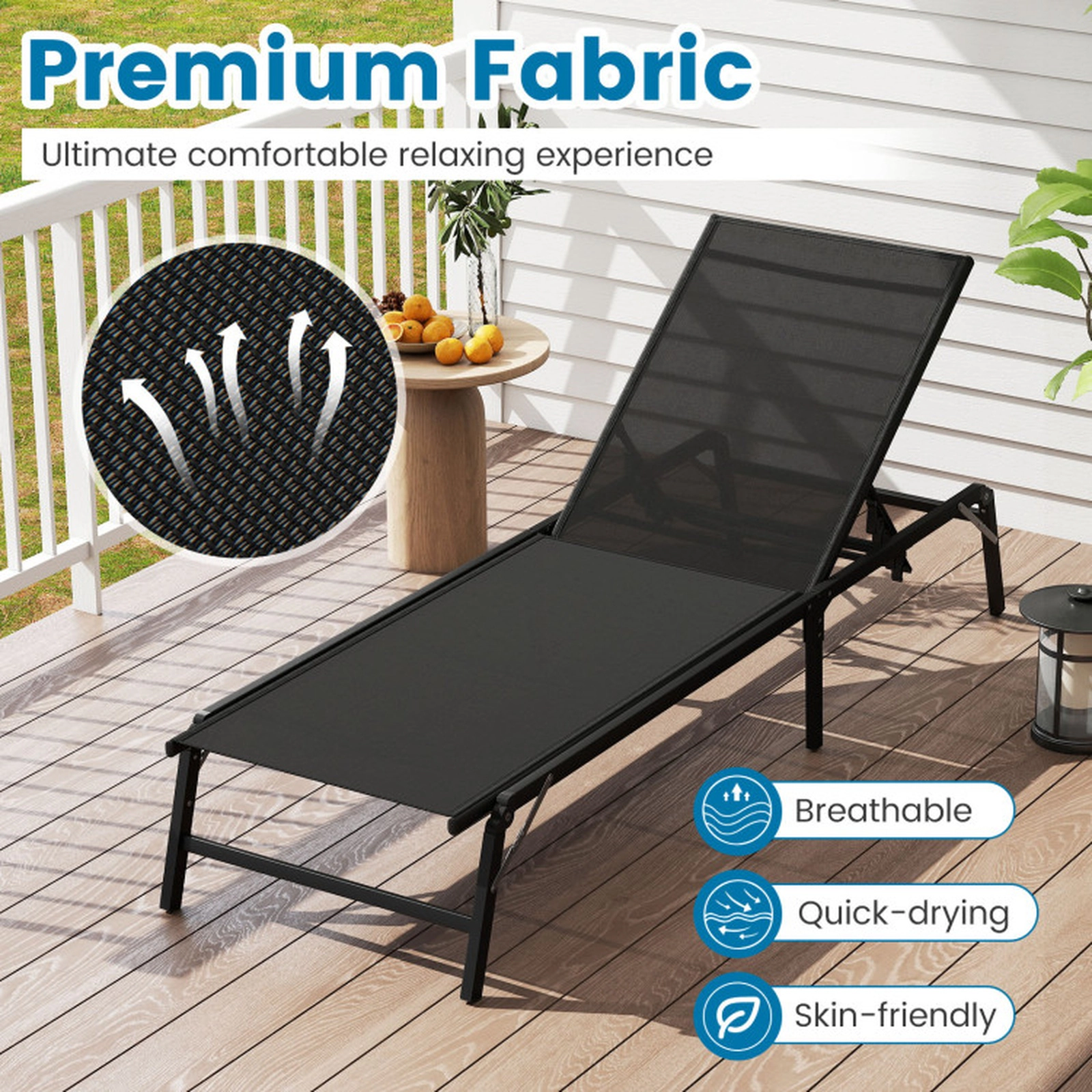 SUGIFT Black 5-Position Backrest 42 in Seat Depth Set of 2 Foldable Patio Chaise Lounge Chairs