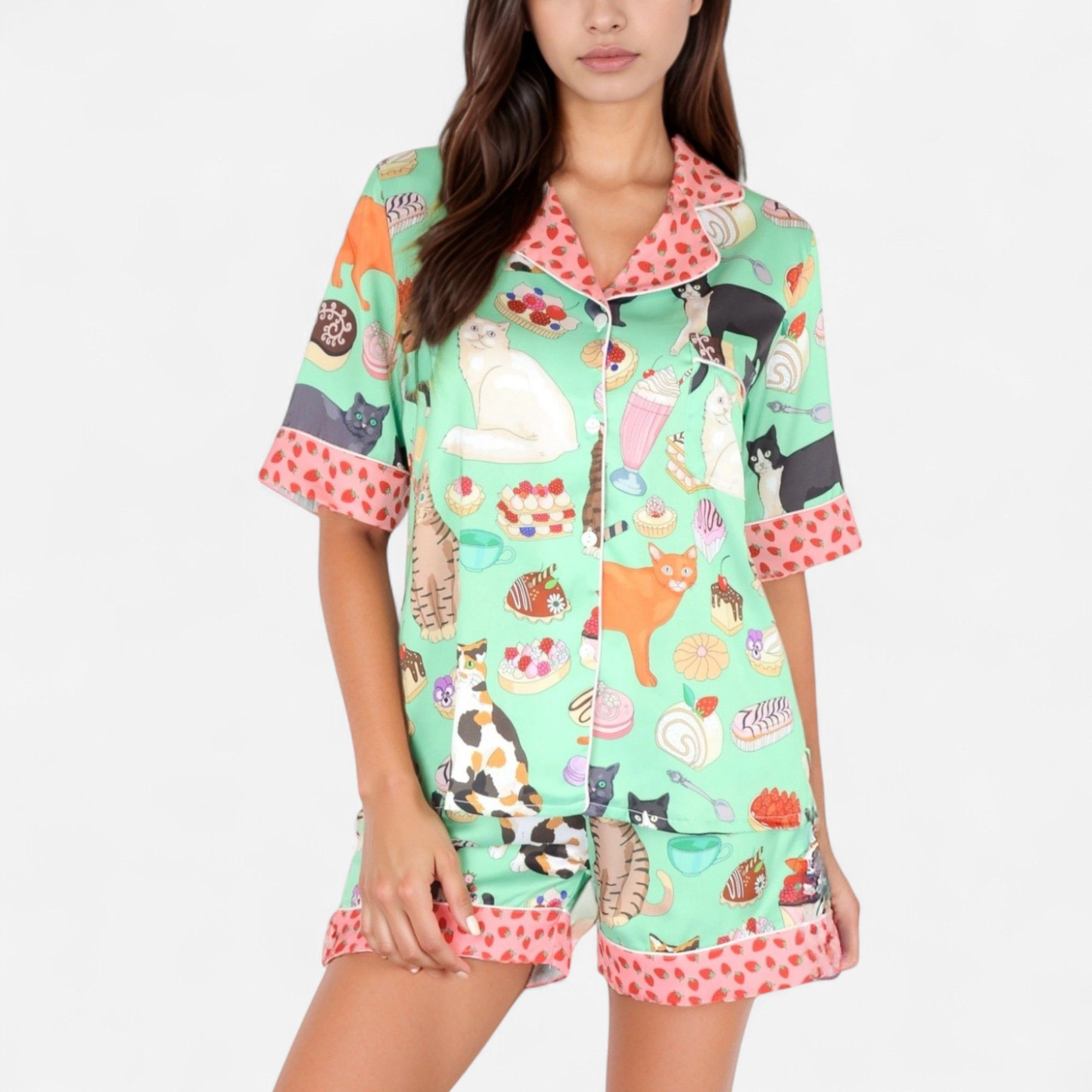 Anna-Kaci Women's Cat and Dessert Print Pajama Set with Short Sleeve Button Up Top and Strawberry Trim Shorts