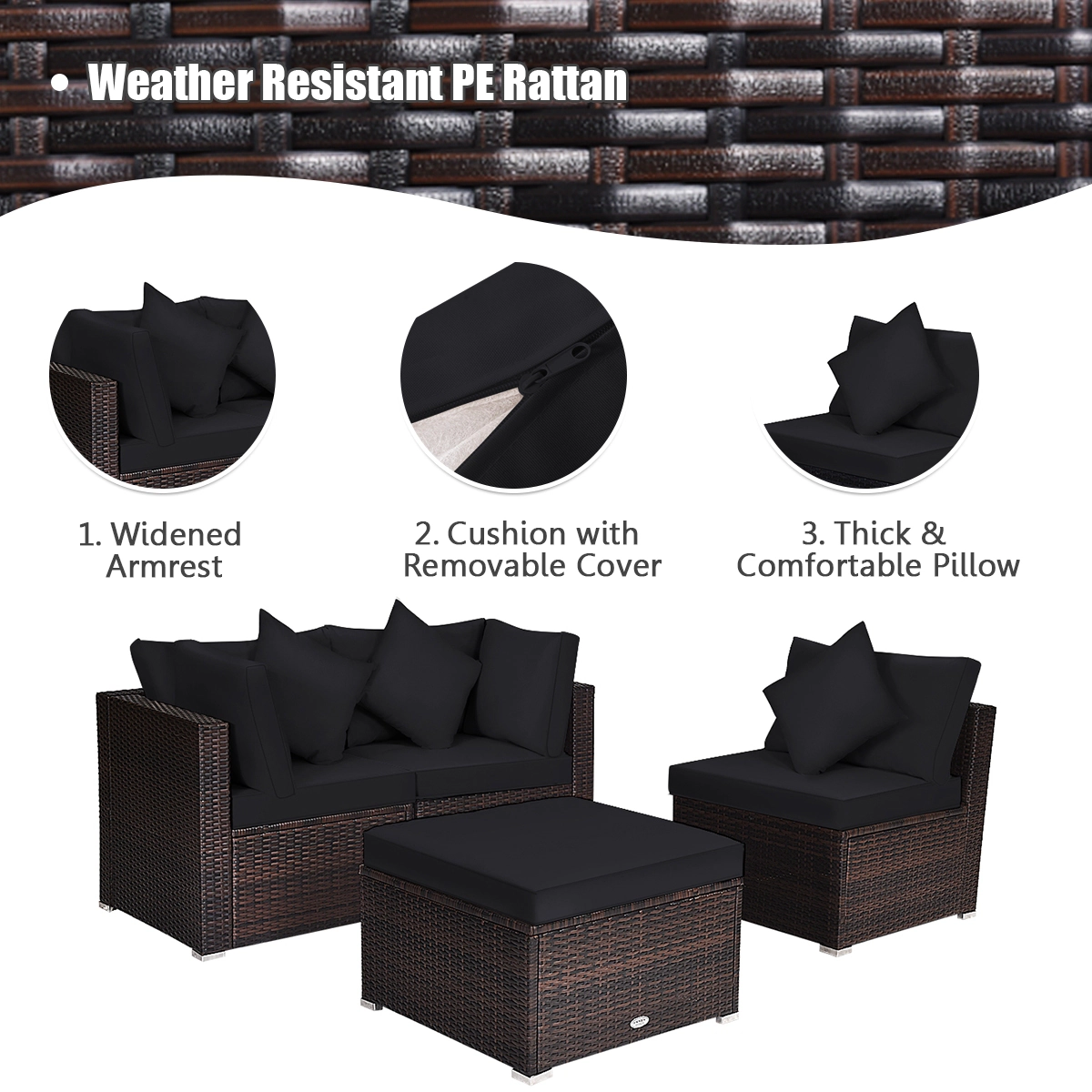 LJG 4 Pcs Ottoman Garden Deck Patio Rattan Wicker Furniture Set Cushioned Sofa
