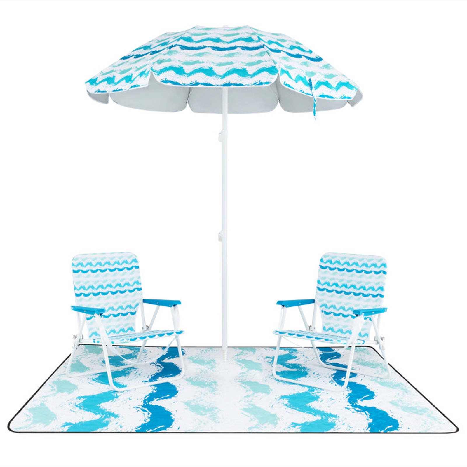 SUGIFT Blue 2 Folding Chairs and 80-in Picnic Blanket 4-Piece Beach Umbrella Set