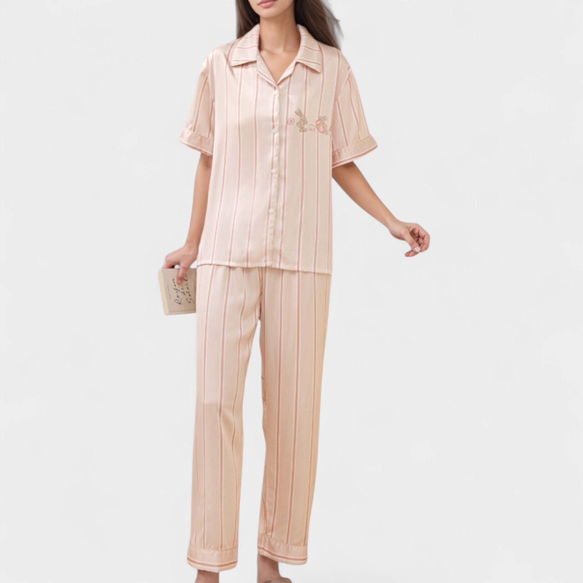 Anna-Kaci Women's Striped Pajama Set with Embroidered Bunny Detail Short Sleeve Button Up Top and Full-Length Pants
