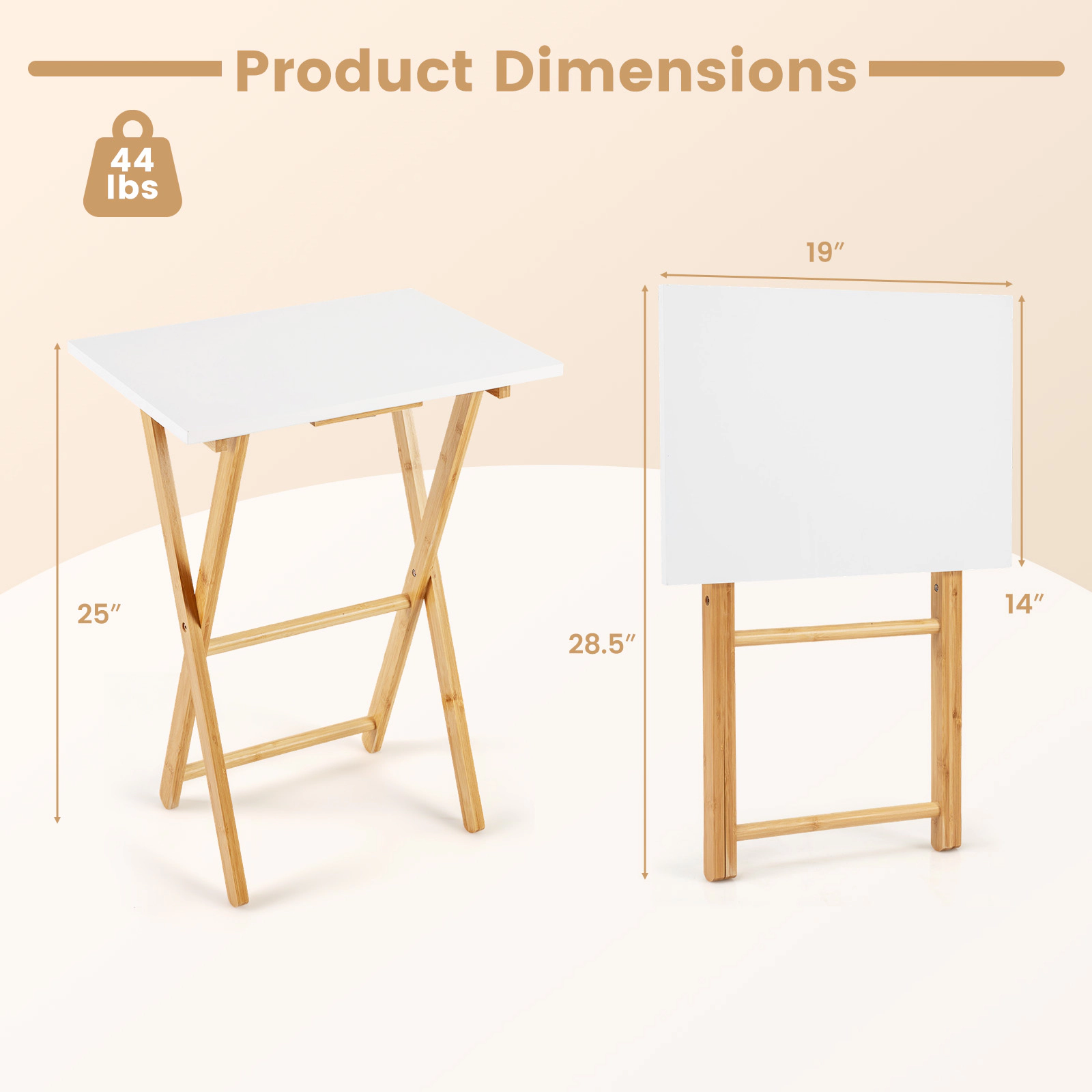 Glintex 2-Piece Folding Bamboo TV Tray Table Set with Crossbar Footrest, White