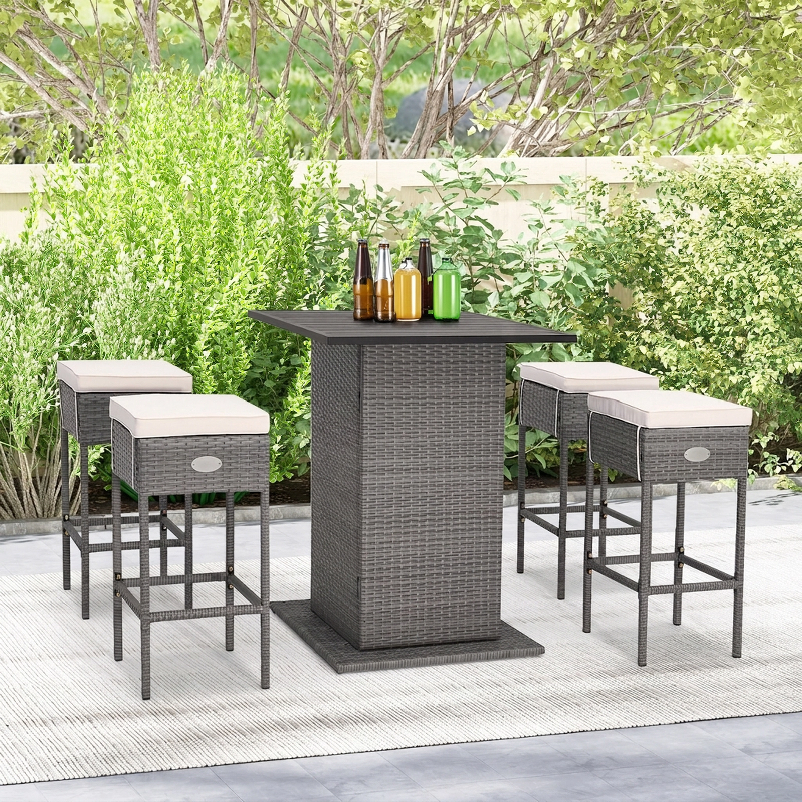 SUGIFT 5-Piece Gray Outdoor Wicker Bar Set, 40.5-in Table, Hidden Storage, 4 Cushioned Stools