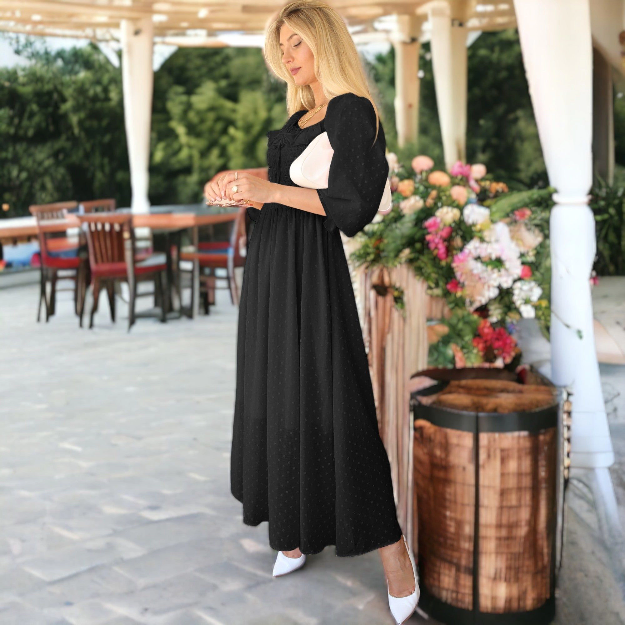 Anna-Kaci Womens Black Swiss Dot Off-Shoulder Smocked Maxi Dress