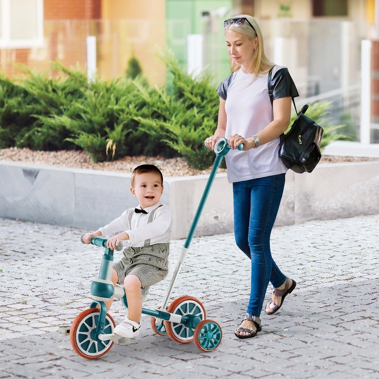 4-in-1 Kids Tricycle 4-Level Parent Push Handle Detachable Pedals Training Wheels 135-Degree Ages 2-4 Green