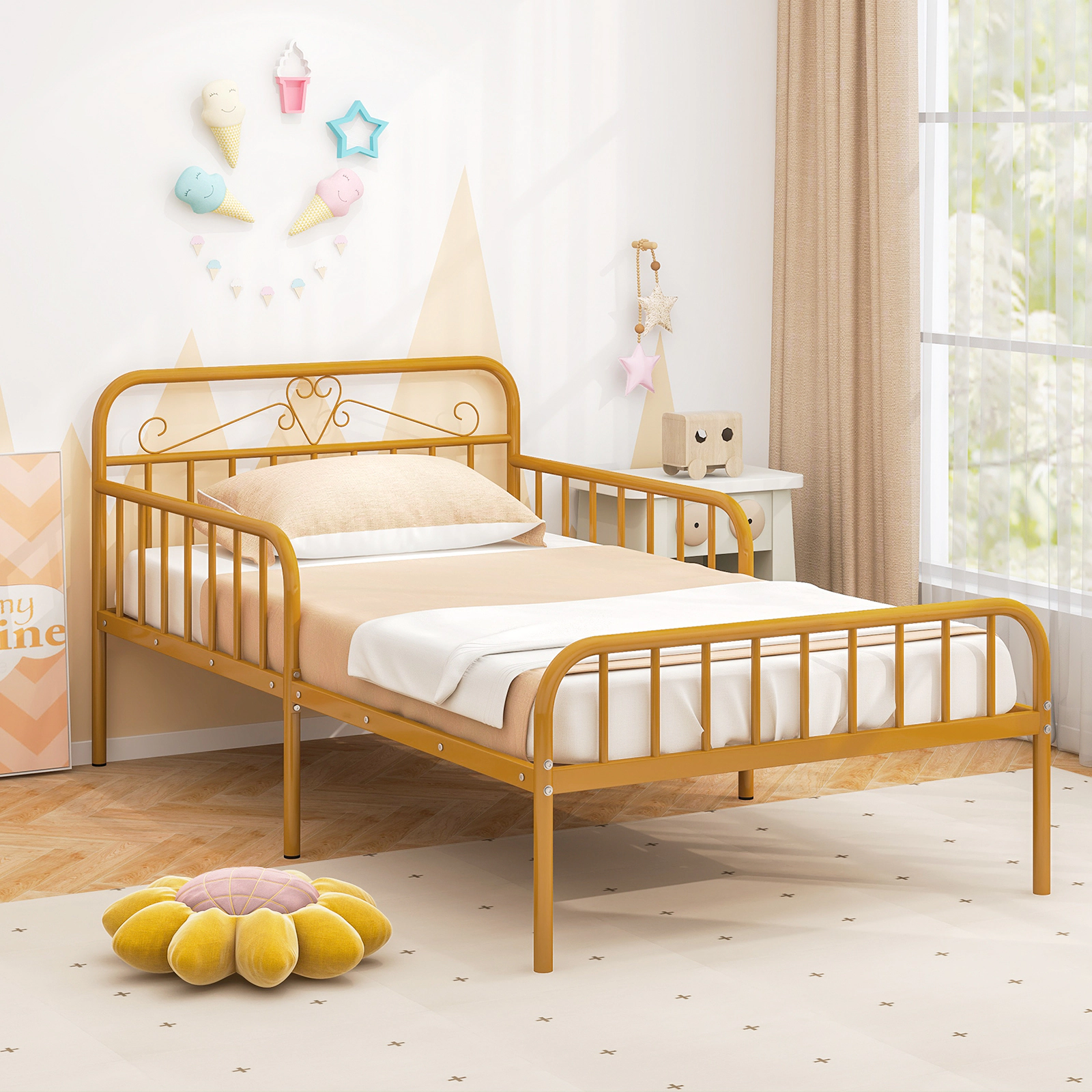Twin Size Metal Bed Frame with Headboard and 10.5-in Safety Side Guardrails 485-lb Capacity 6 Support Legs Gold